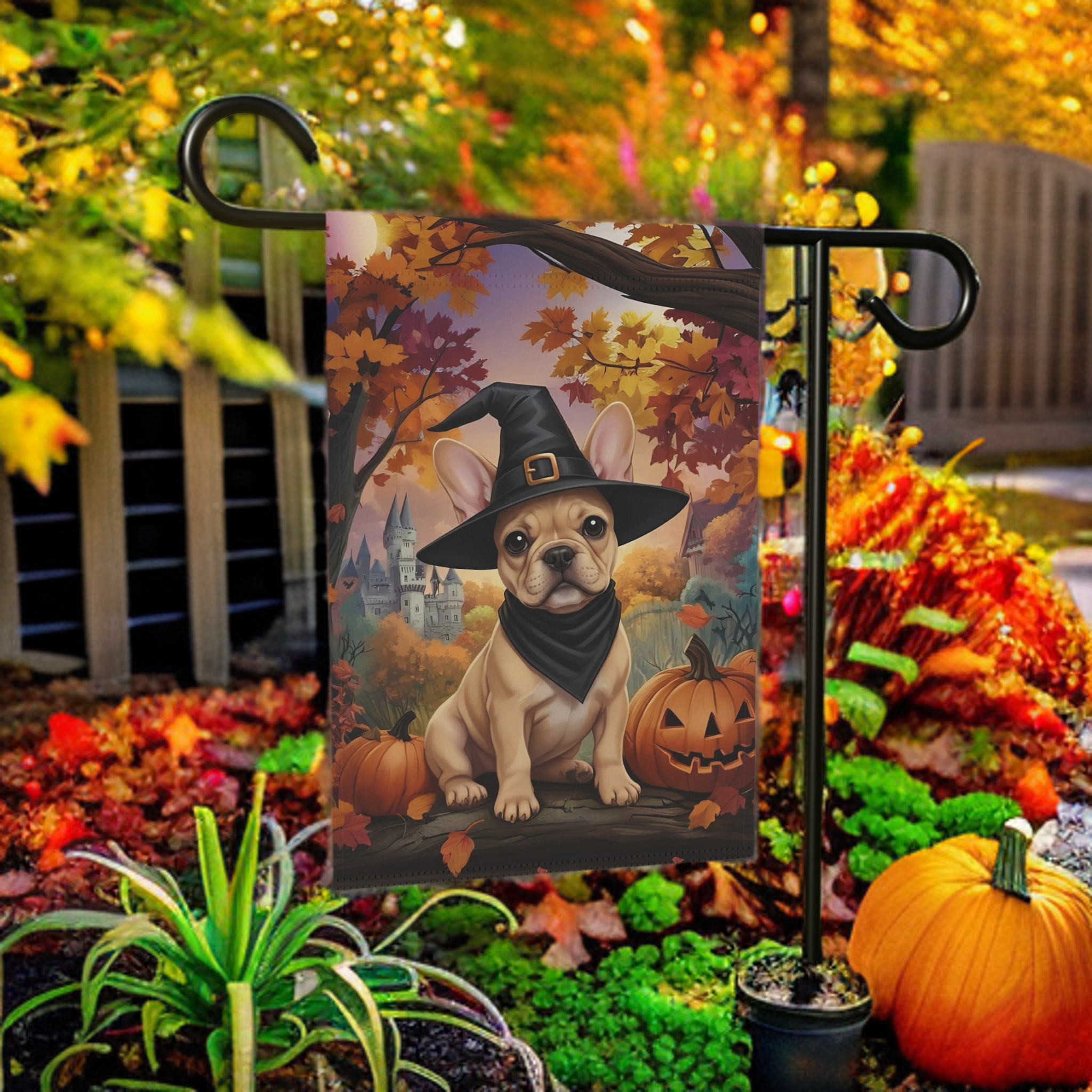 Witch Hat French Bulldog Halloween Garden Flag - size comparison - Dragonfire Gardens