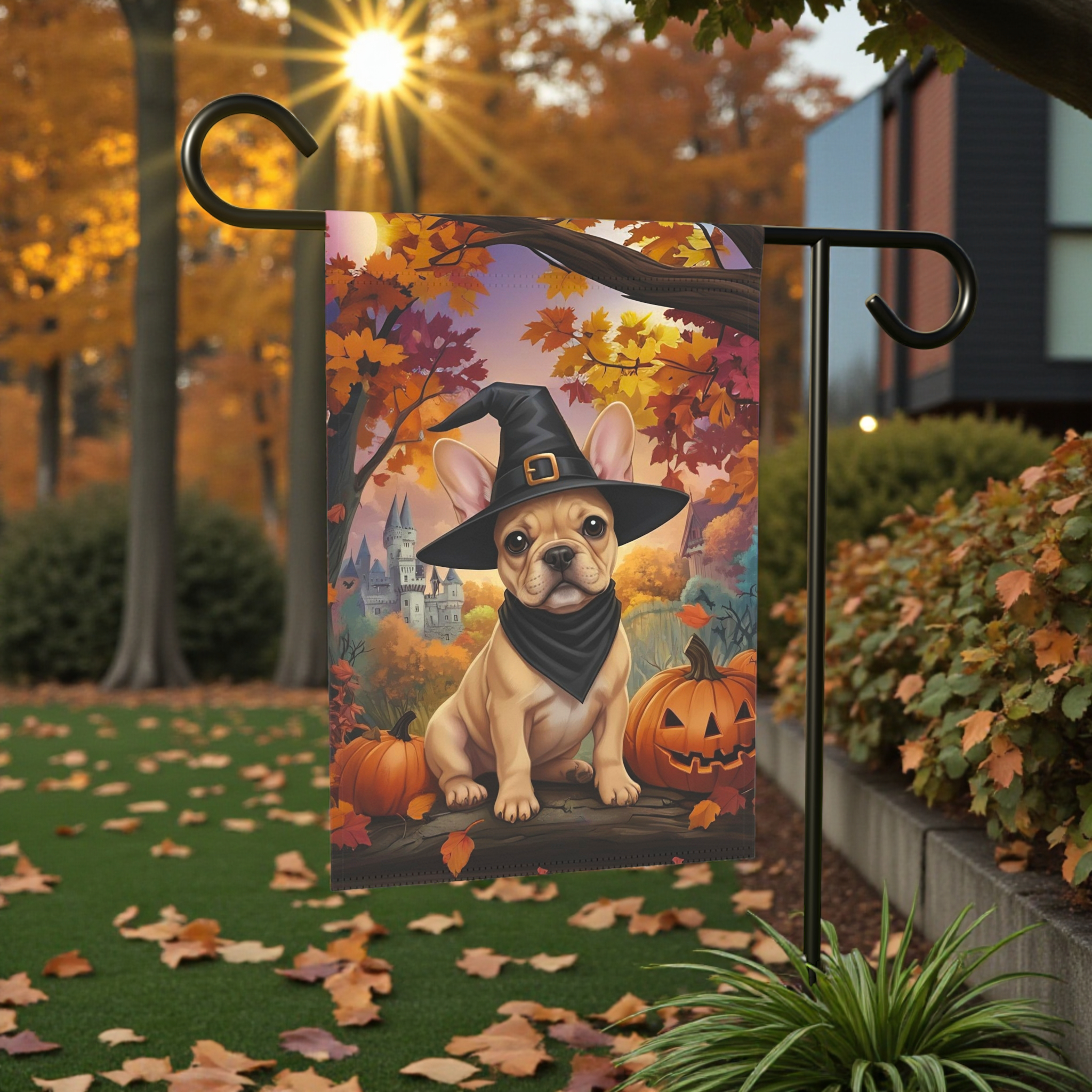 Witch Hat French Bulldog Halloween Garden Flag - front view - Dragonfire Gardens