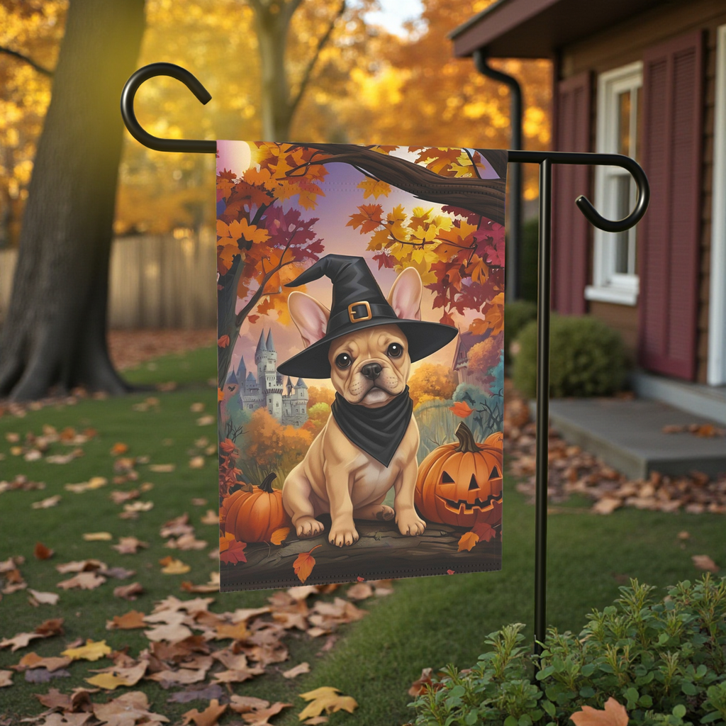 Witch Hat French Bulldog Halloween Garden Flag - lifestyle display - Dragonfire Gardens