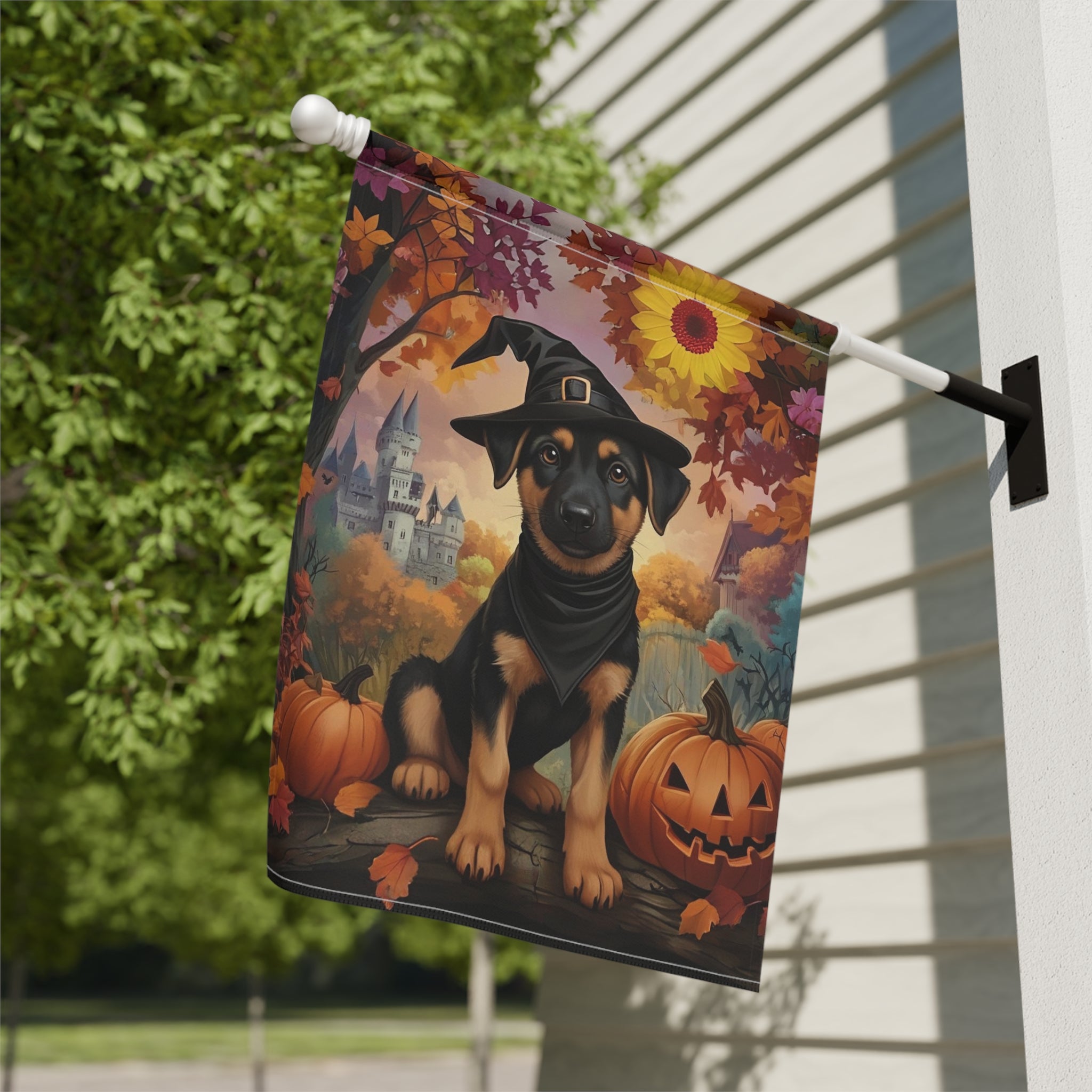 Halloween Witch Hat German Shepherd Puppy Garden Flag - close-up detail - Dragonfire Gardens