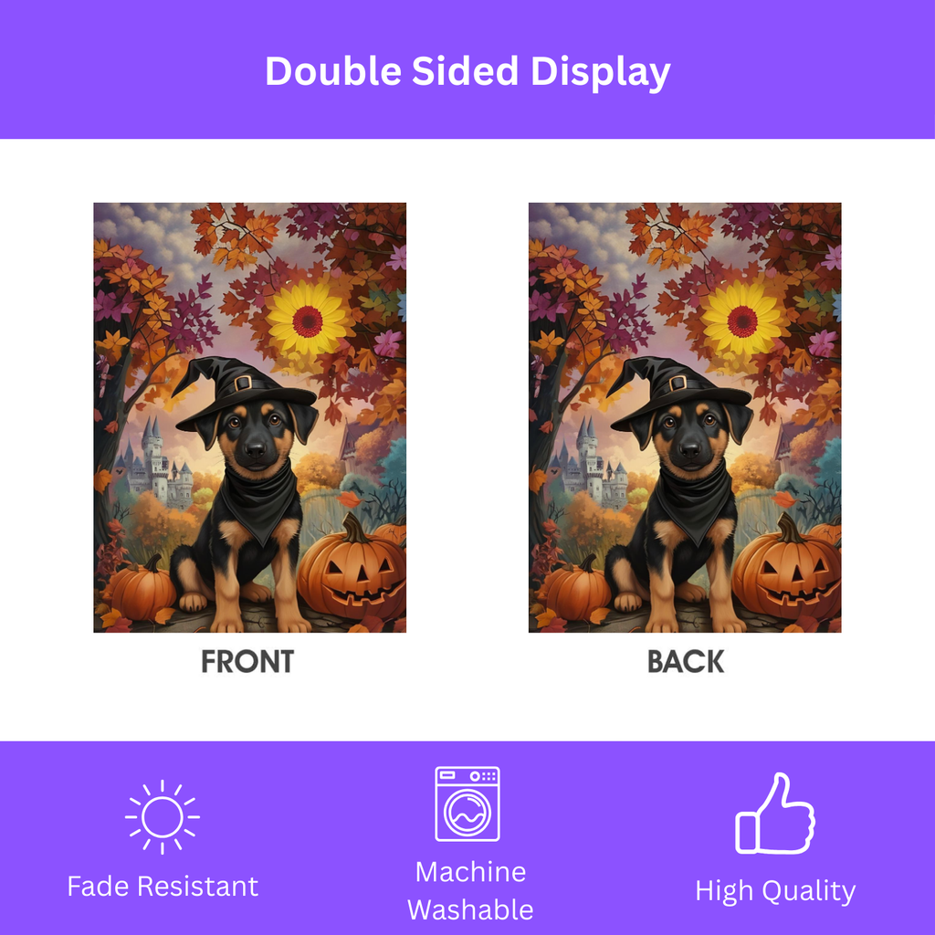 Halloween Witch Hat German Shepherd Puppy Garden Flag - double-sided design - Dragonfire Gardens