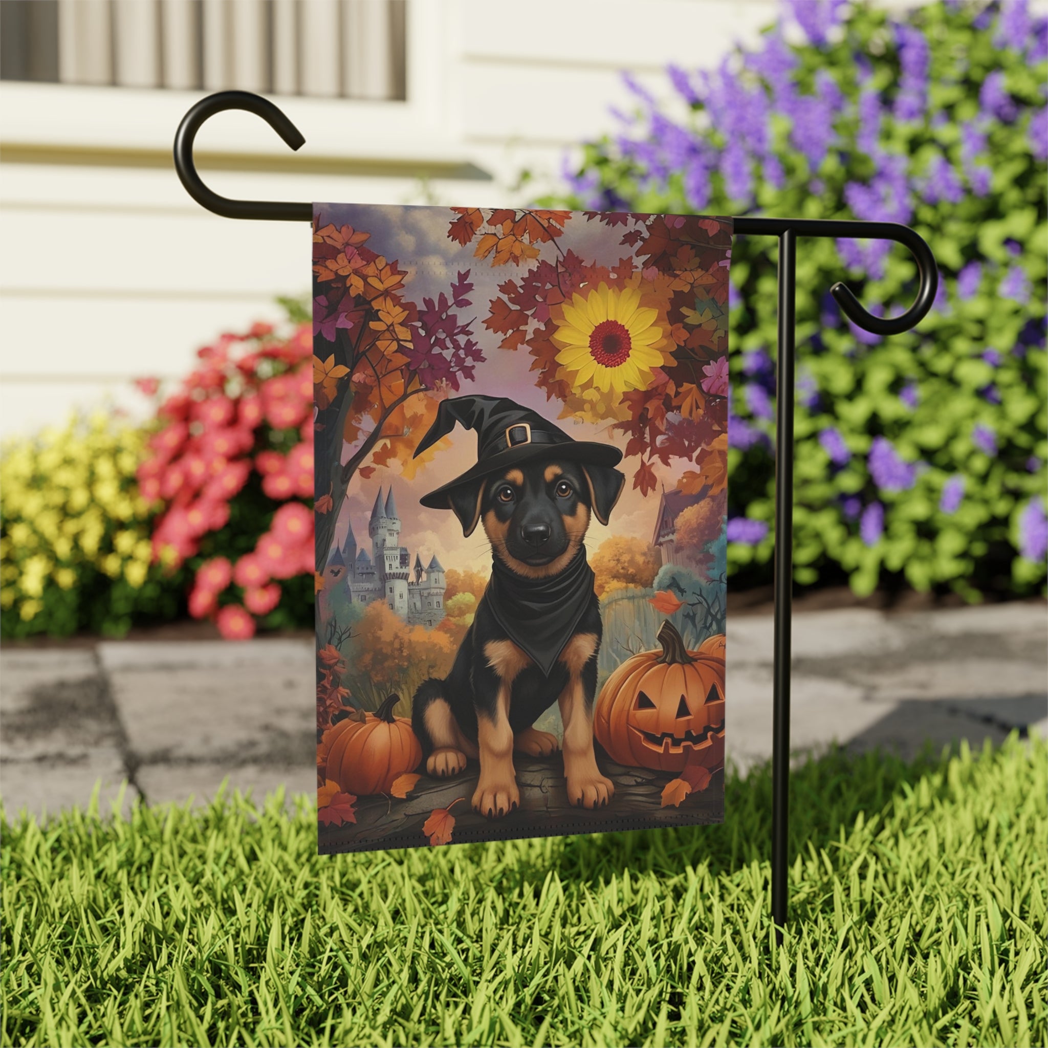 Halloween Witch Hat German Shepherd Puppy Garden Flag - outdoor display - Dragonfire Gardens