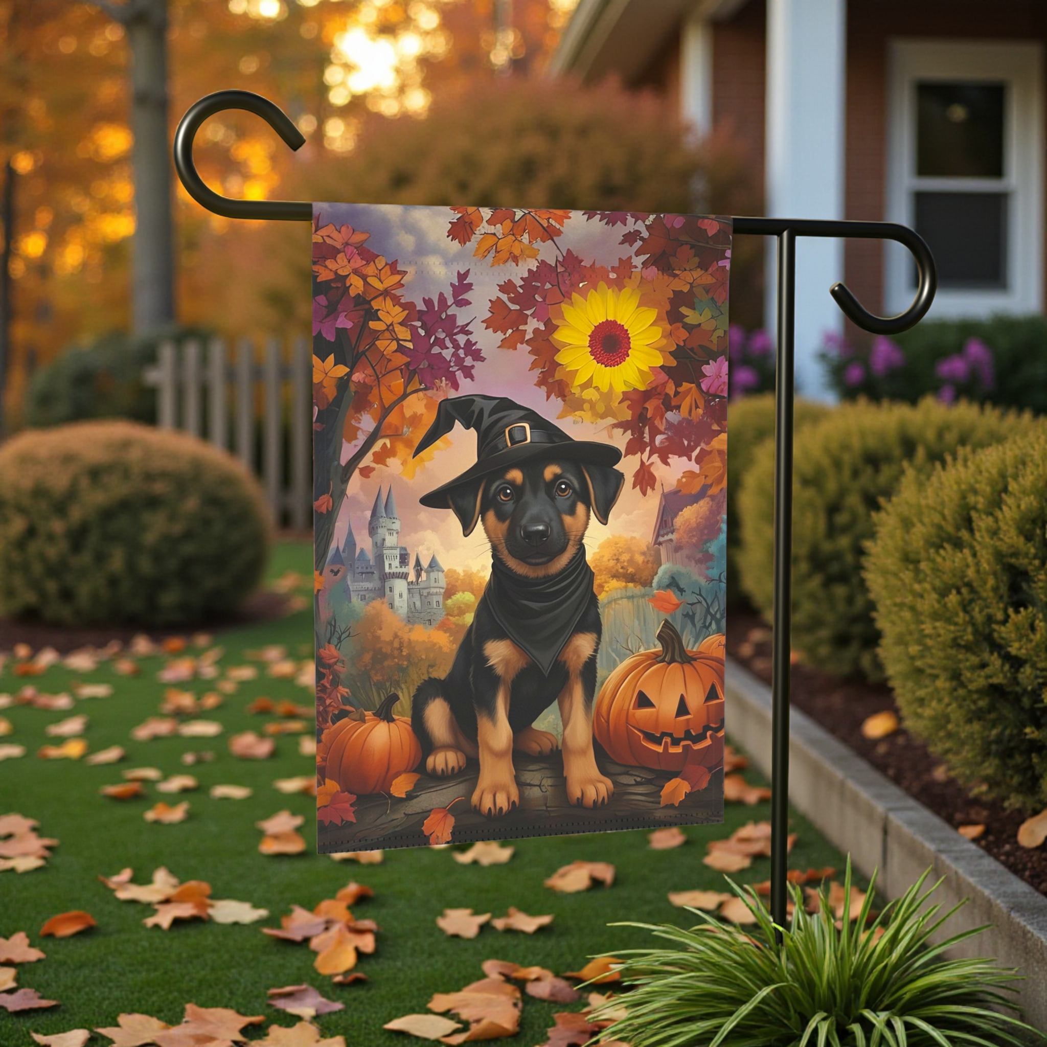 Halloween Witch Hat German Shepherd Puppy Garden Flag - size comparison - Dragonfire Gardens