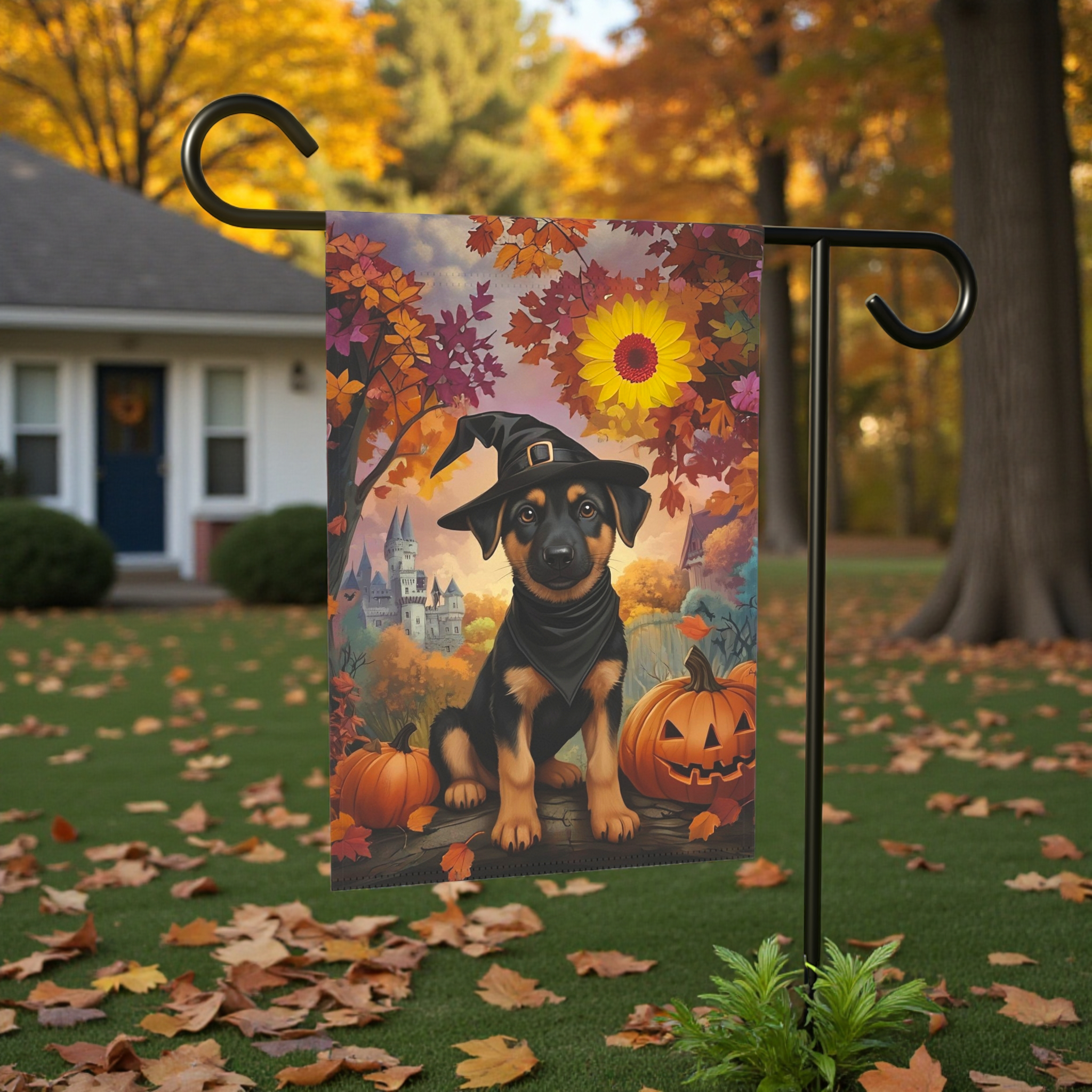 Halloween Witch Hat German Shepherd Puppy Garden Flag - front view - Dragonfire Gardens