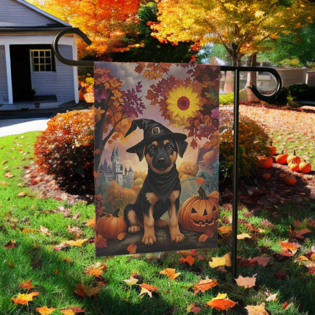 Halloween Witch Hat German Shepherd Puppy Garden Flag - lifestyle display - Dragonfire Gardens