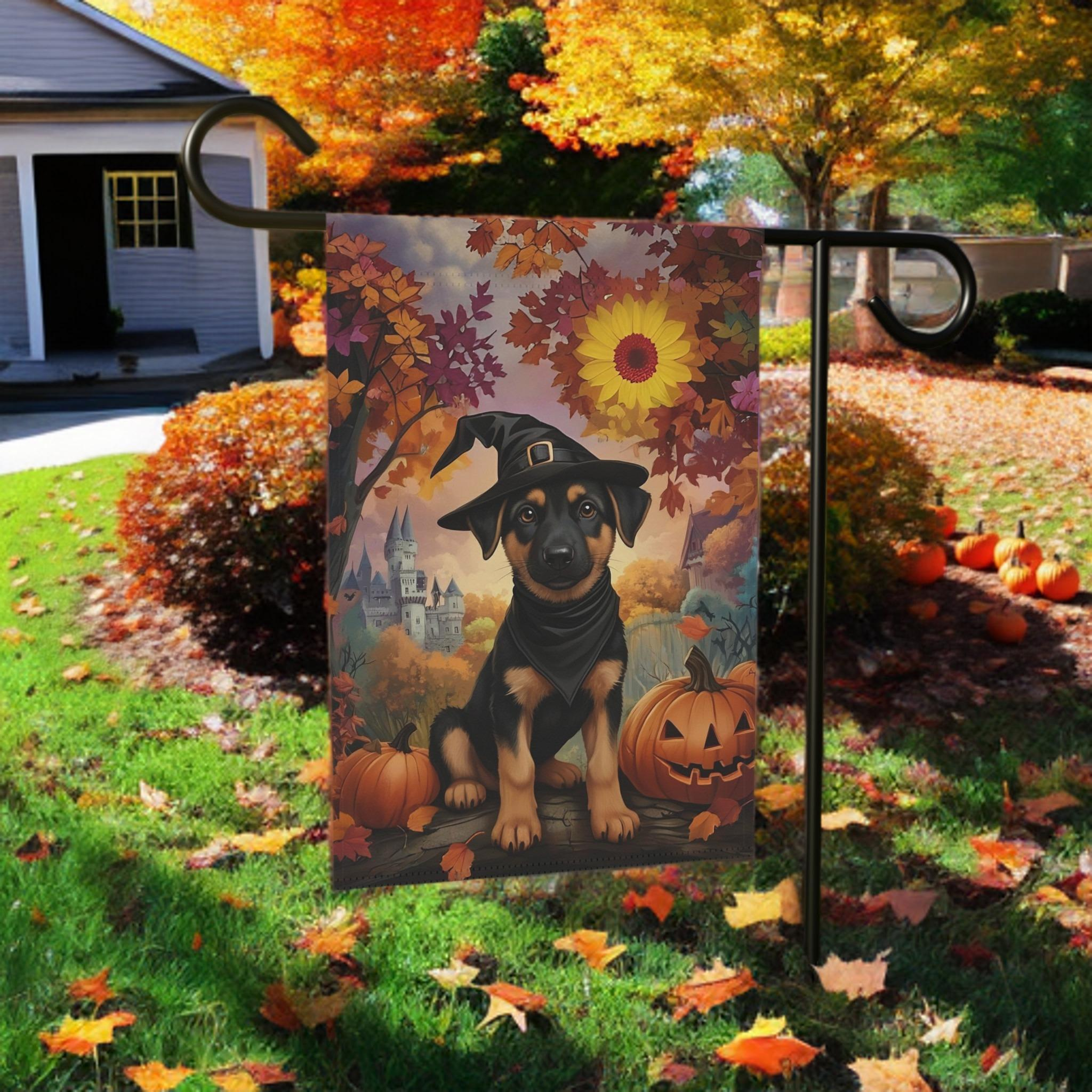 Halloween Witch Hat German Shepherd Puppy Garden Flag - lifestyle display - Dragonfire Gardens