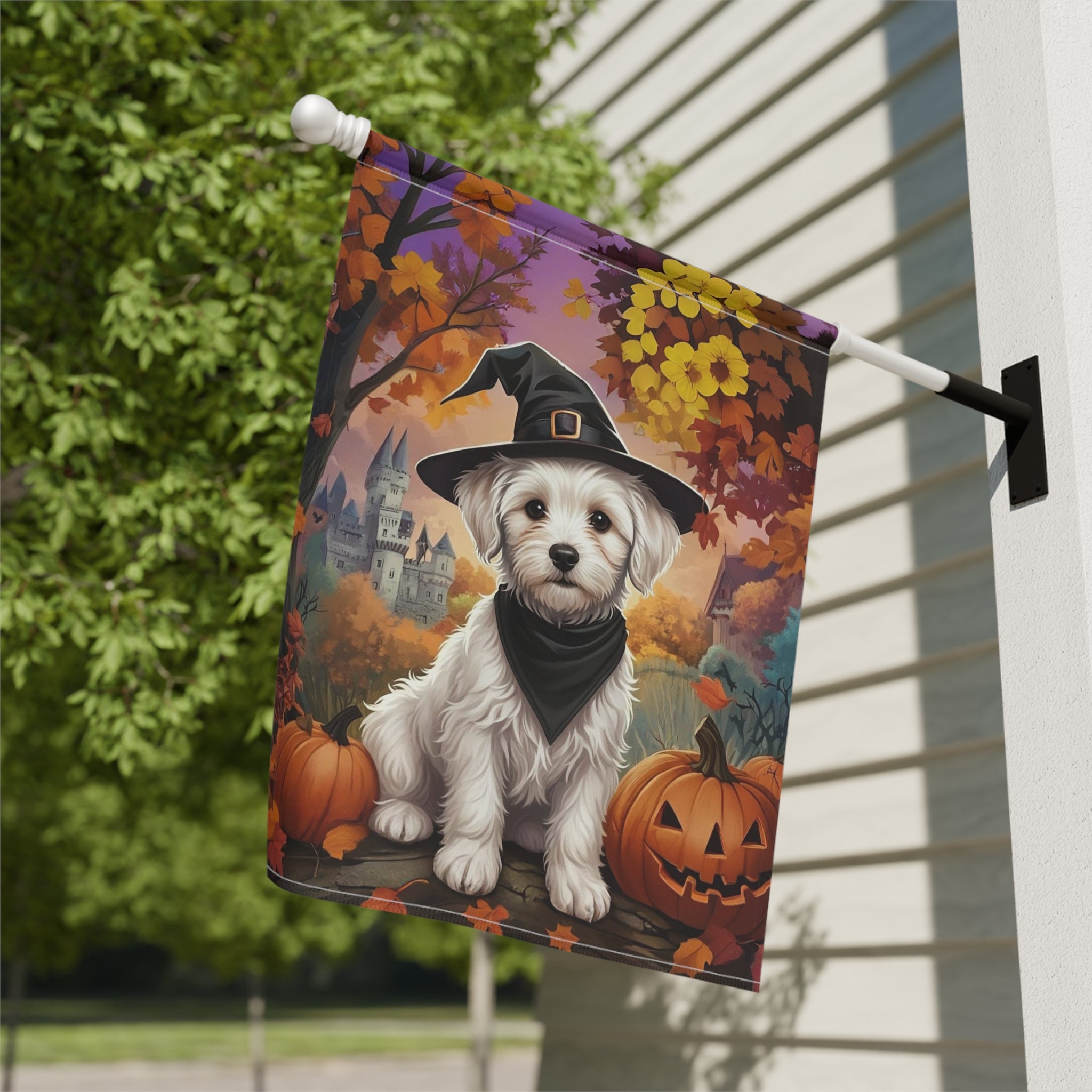 Witch Hat Maltese Halloween Garden Flag - close-up detail - Dragonfire Gardens
