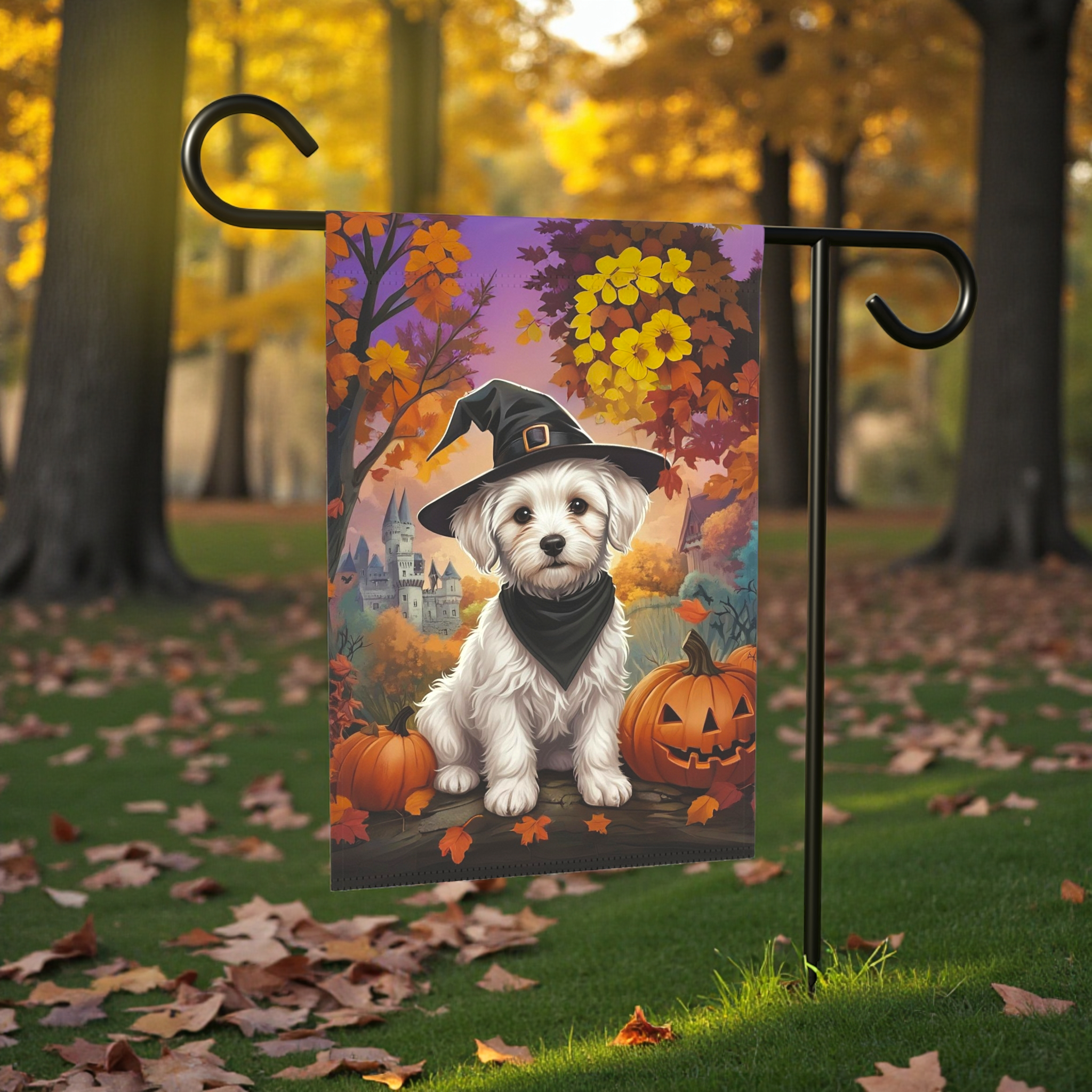 Witch Hat Maltese Halloween Garden Flag - size comparison - Dragonfire Gardens