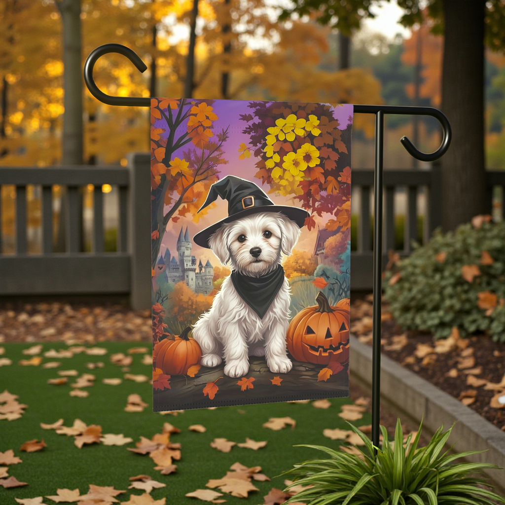 Witch Hat Maltese Halloween Garden Flag - front view - Dragonfire Gardens