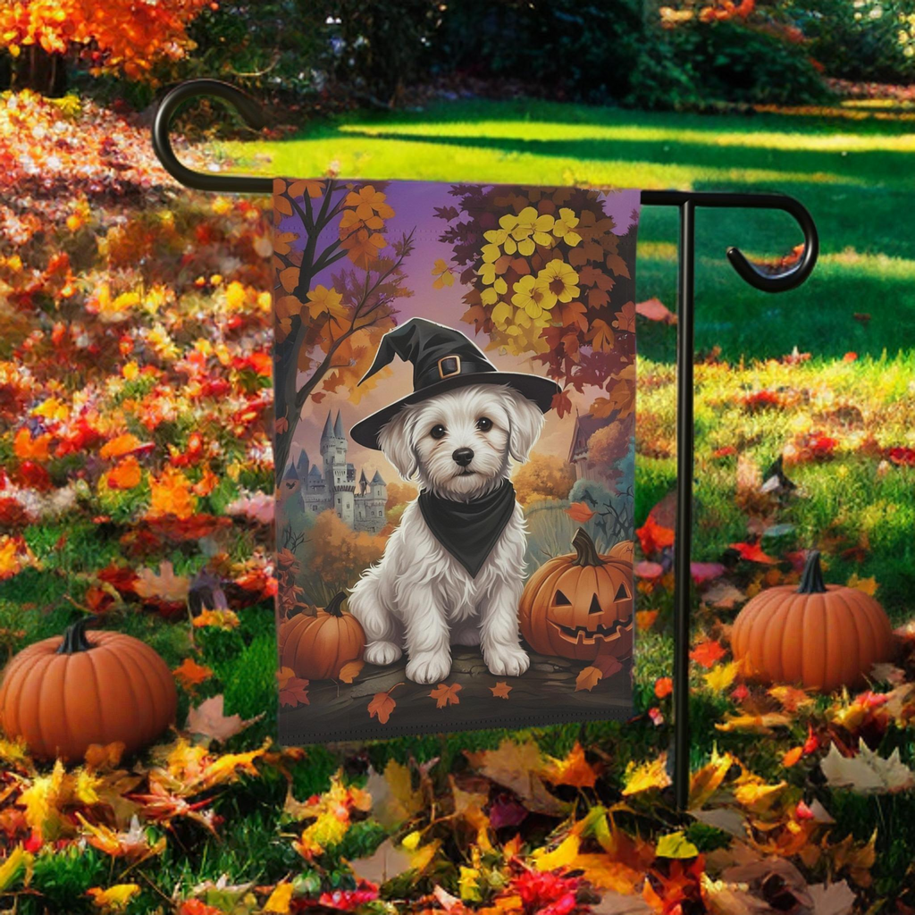 Witch Hat Maltese Halloween Garden Flag - lifestyle display - Dragonfire Gardens