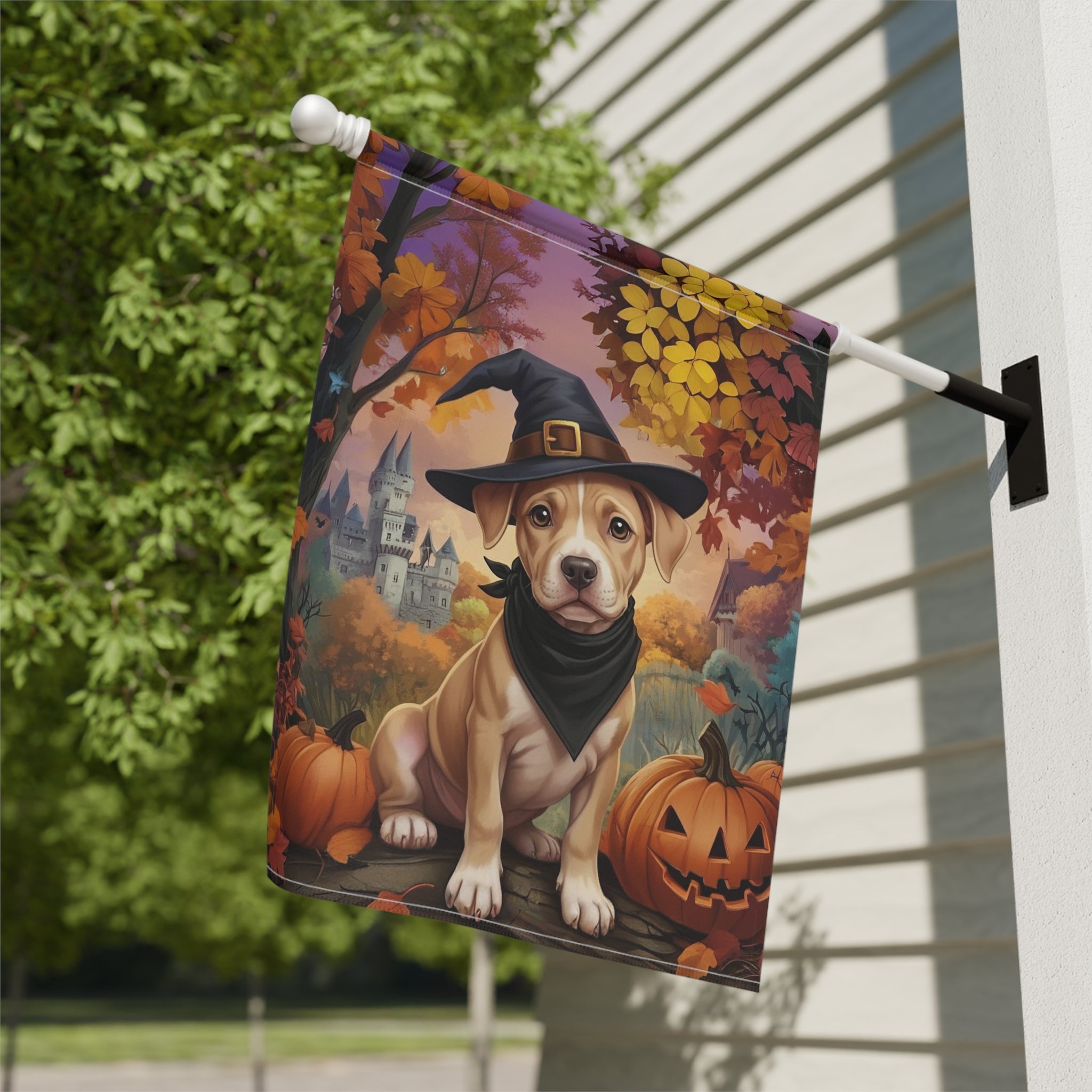 Halloween Pit Bull Puppy Garden Flag - close-up detail - Dragonfire Gardens