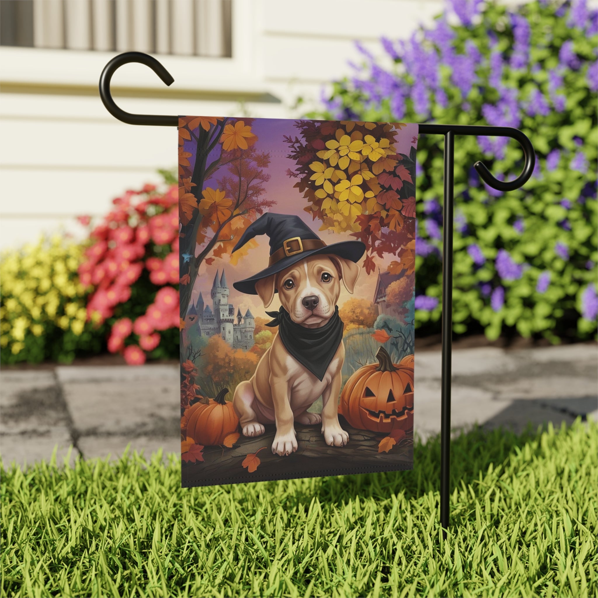 Halloween Pit Bull Puppy Garden Flag - outdoor display - Dragonfire Gardens