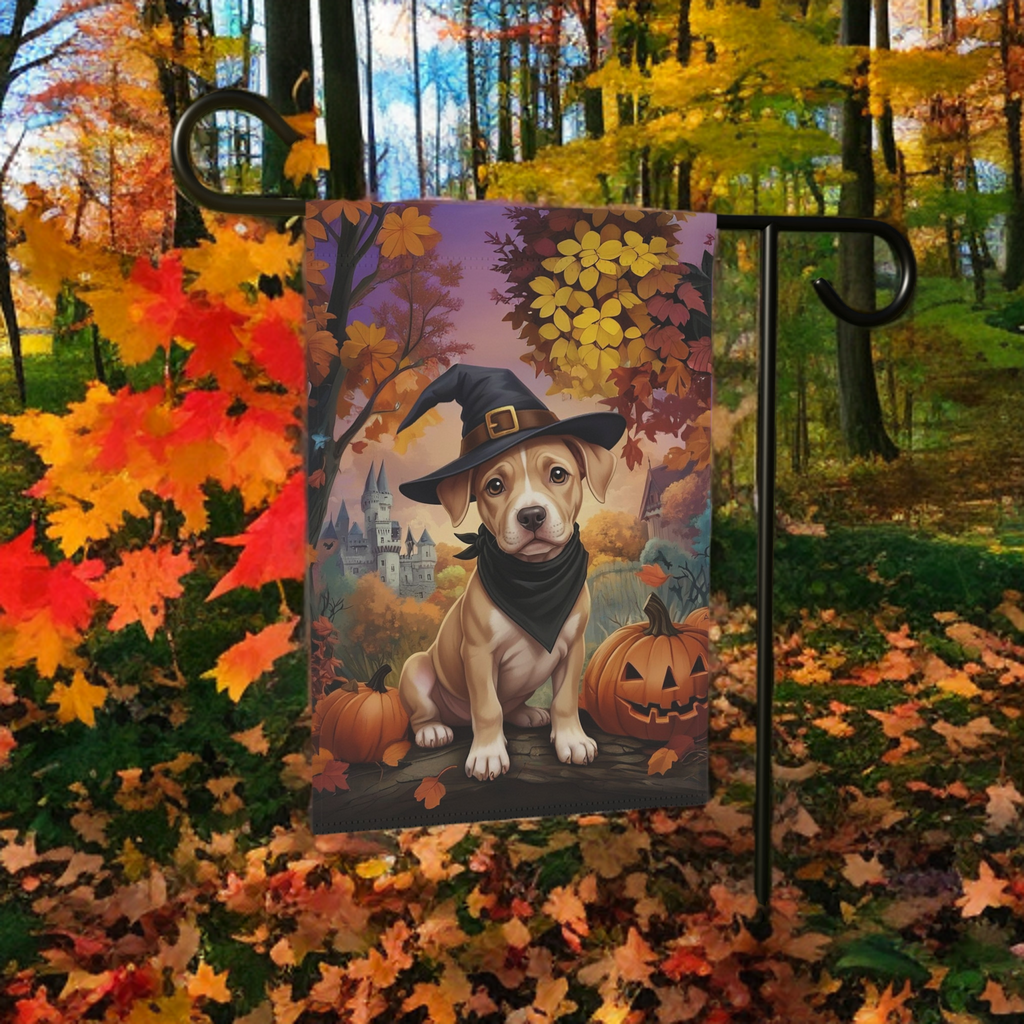Halloween Pit Bull Puppy Garden Flag - size comparison - Dragonfire Gardens