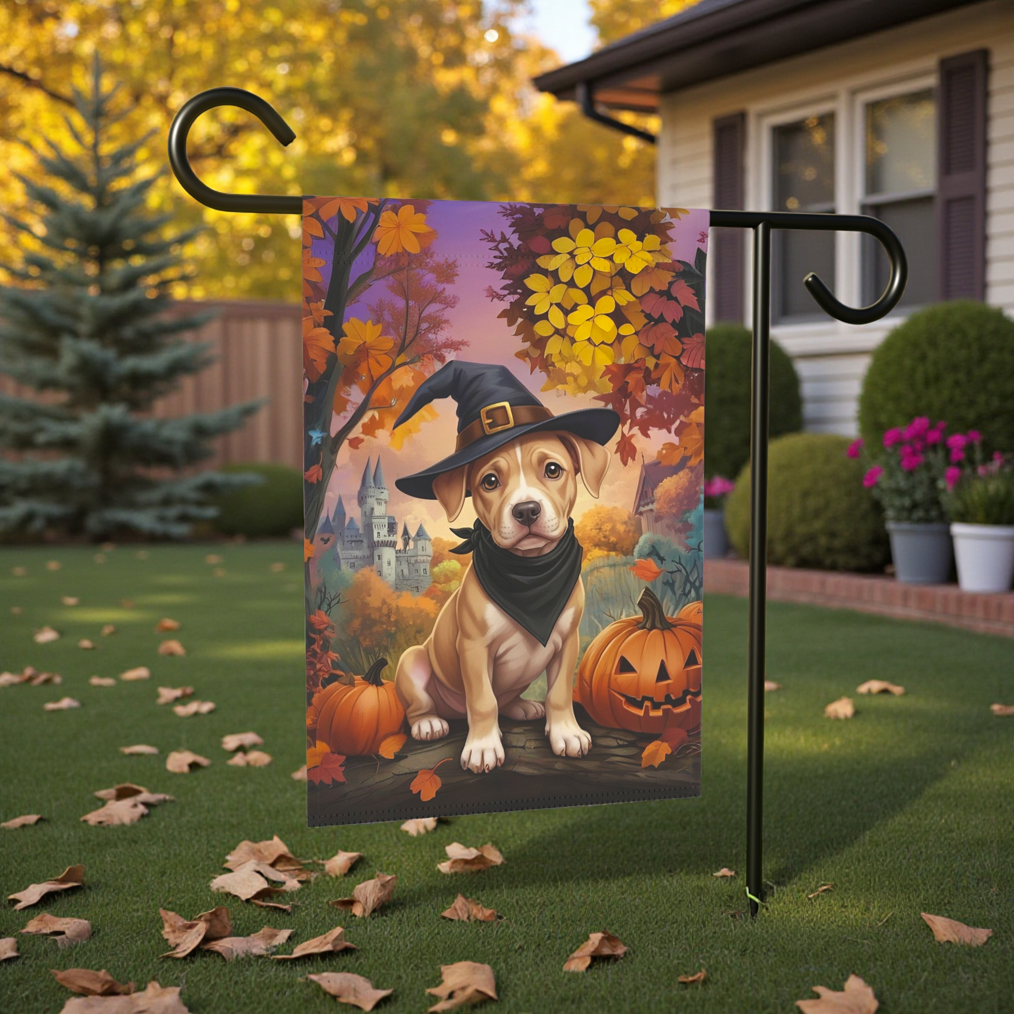 Halloween Pit Bull Puppy Garden Flag - lifestyle display - Dragonfire Gardens