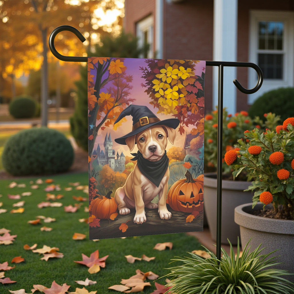 Halloween Pit Bull Puppy Garden Flag - front view - Dragonfire Gardens