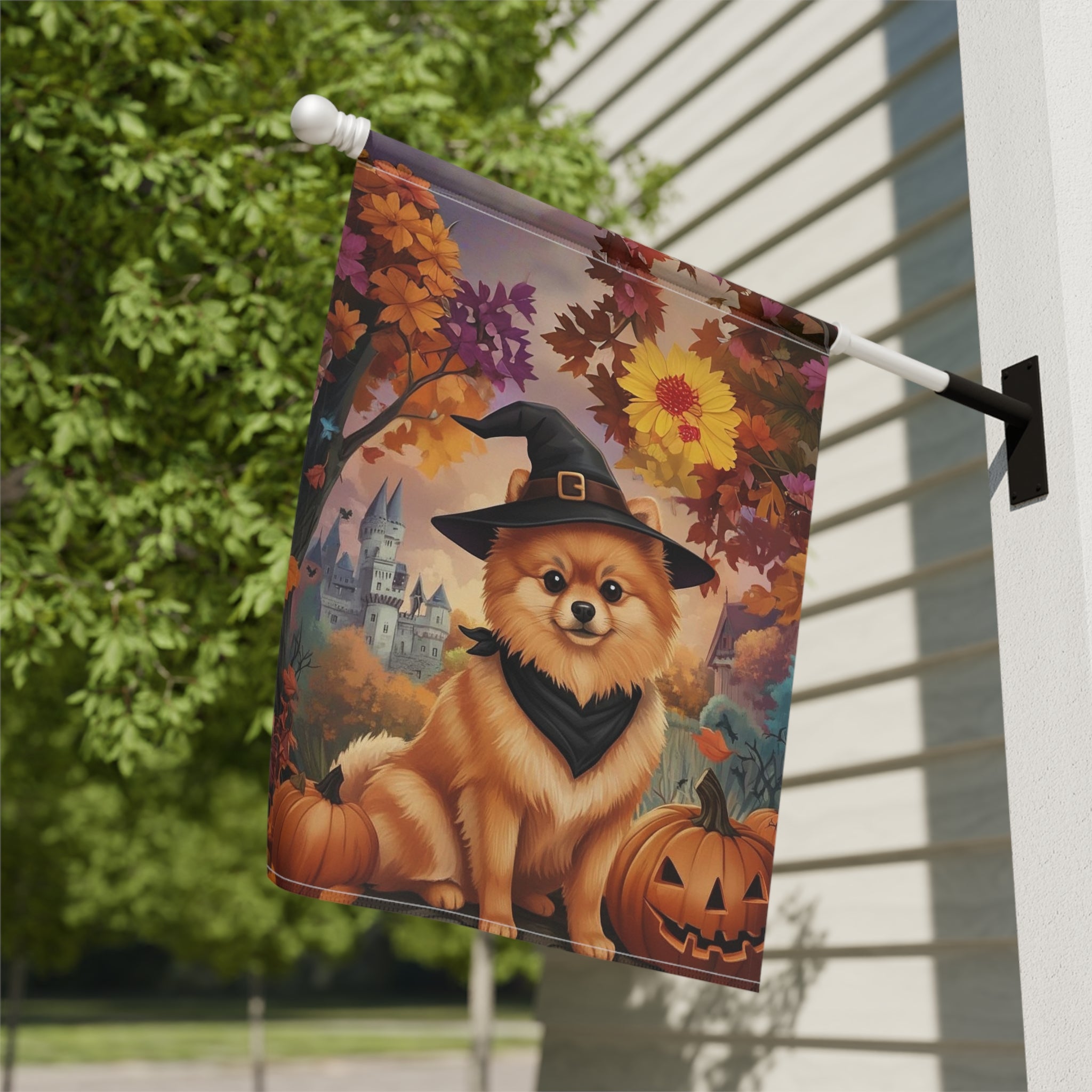 Witch Hat Pomeranian Halloween Garden Flag - close-up detail - Dragonfire Gardens