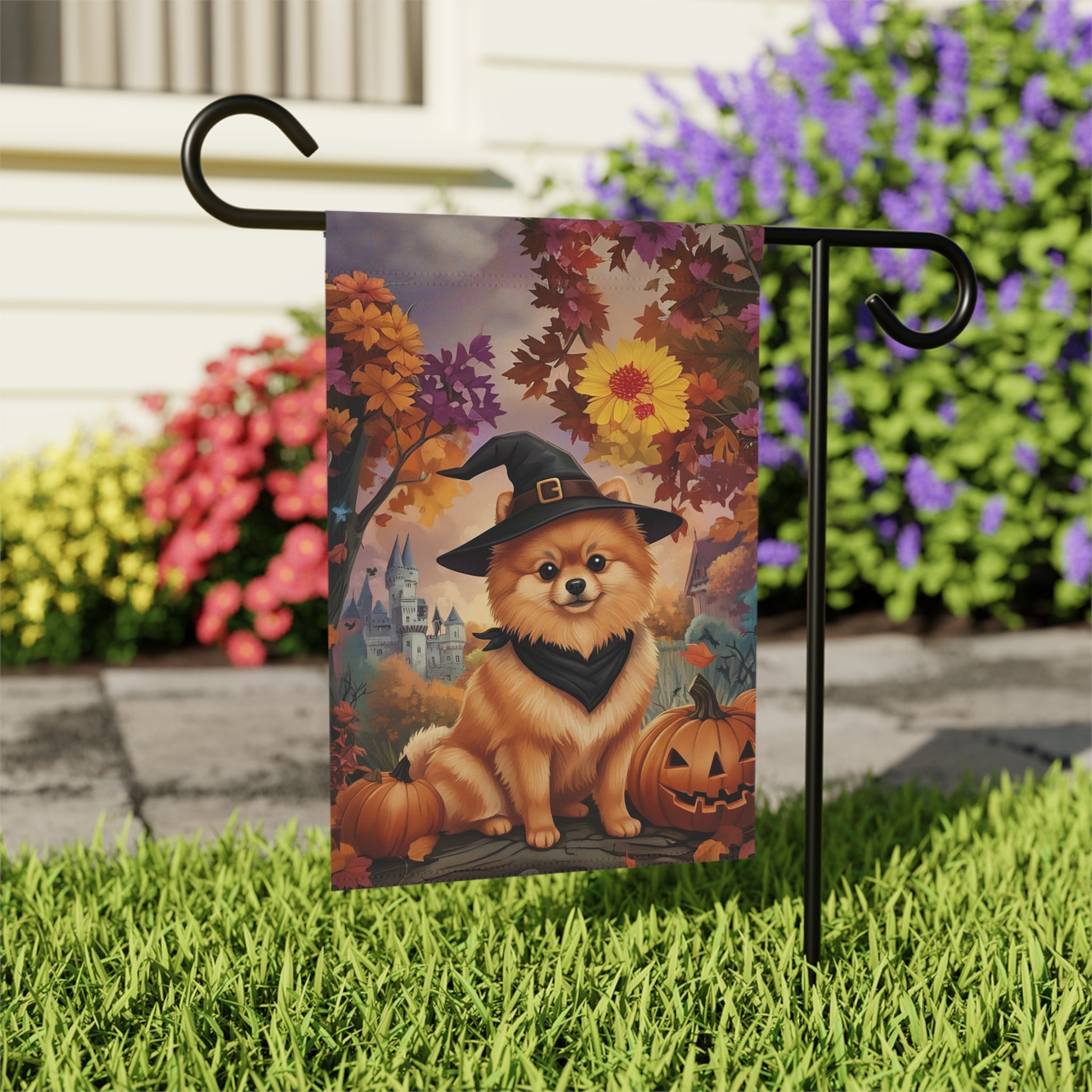 Witch Hat Pomeranian Halloween Garden Flag - outdoor display - Dragonfire Gardens