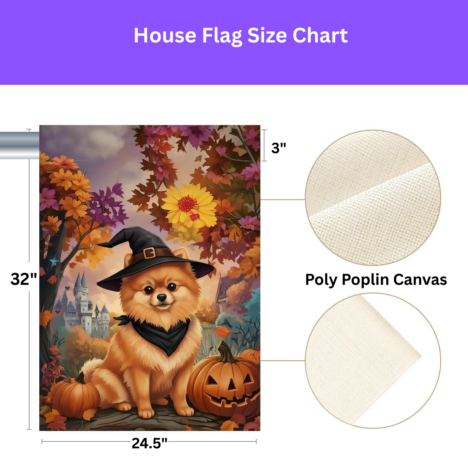 Witch Hat Pomeranian Halloween Garden Flag - double-sided design - Dragonfire Gardens