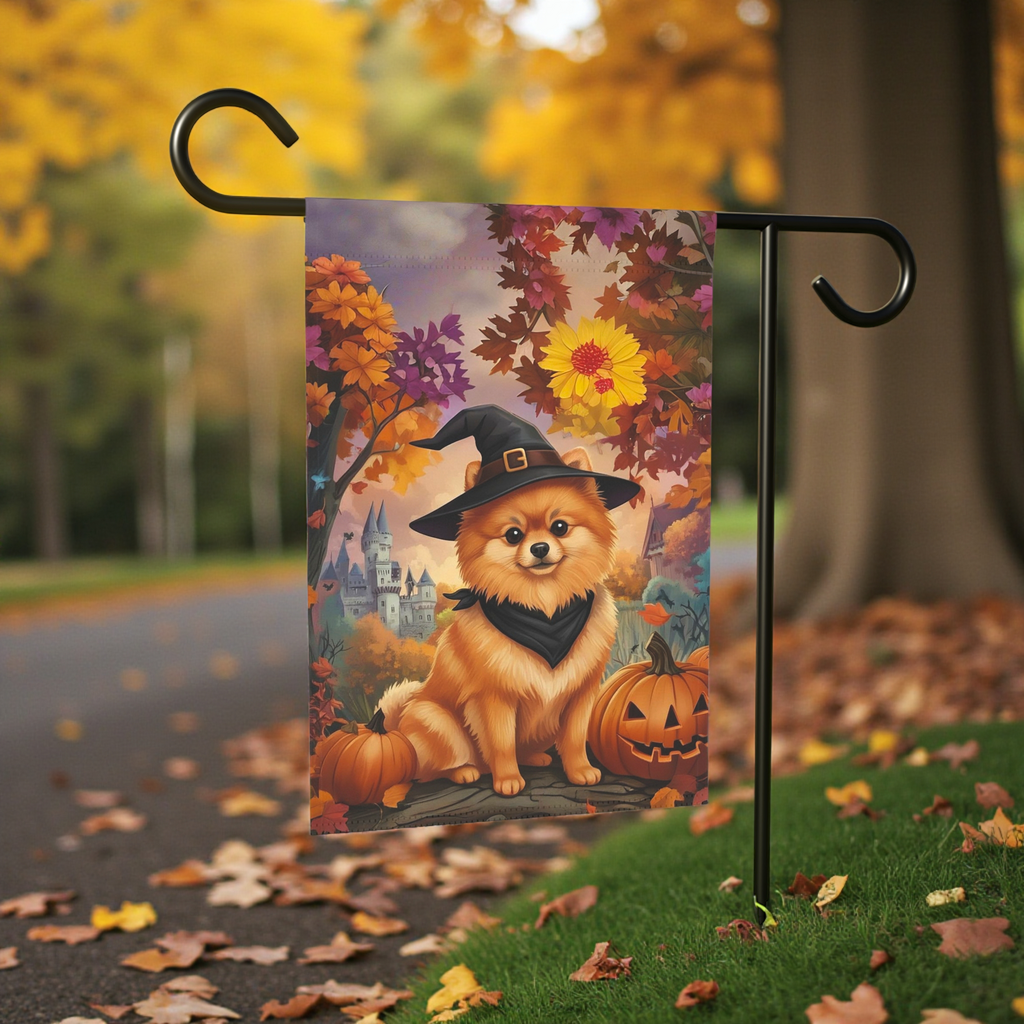 Witch Hat Pomeranian Halloween Garden Flag - size comparison - Dragonfire Gardens