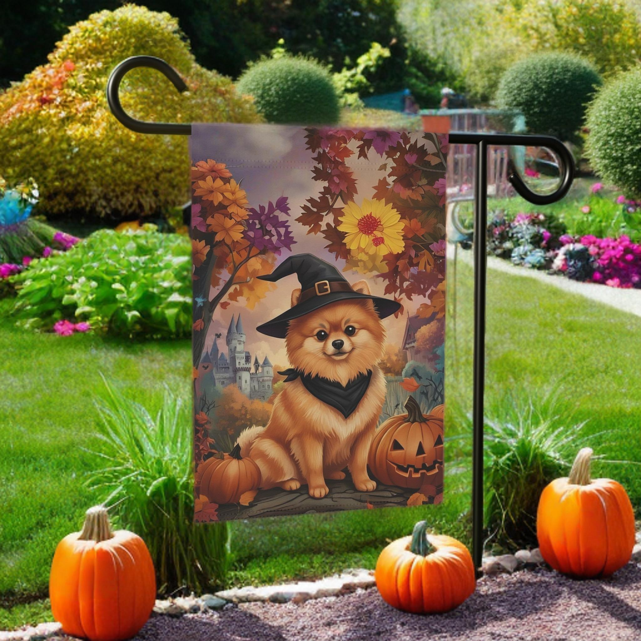 Witch Hat Pomeranian Halloween Garden Flag - lifestyle display - Dragonfire Gardens