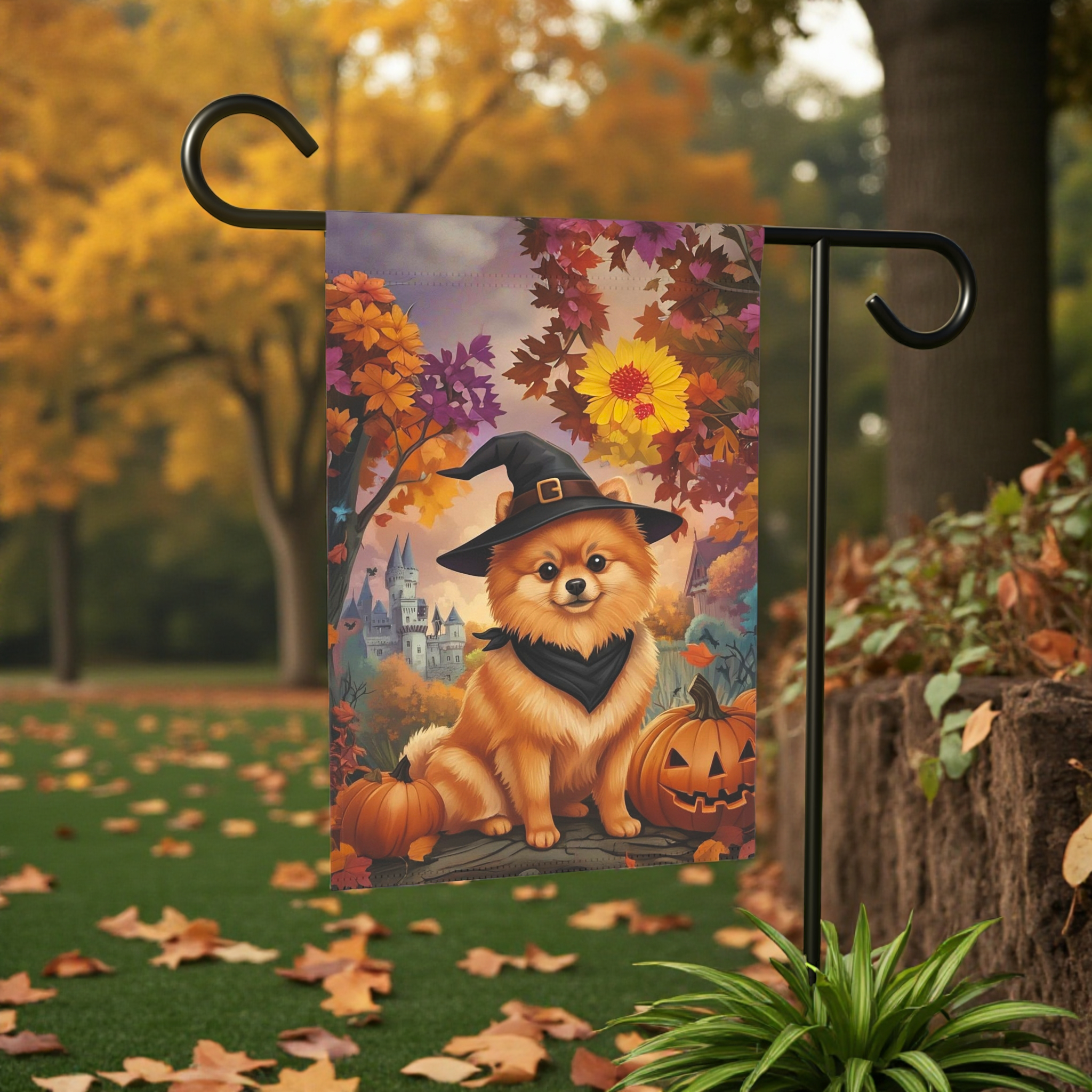Witch Hat Pomeranian Halloween Garden Flag - front view - Dragonfire Gardens