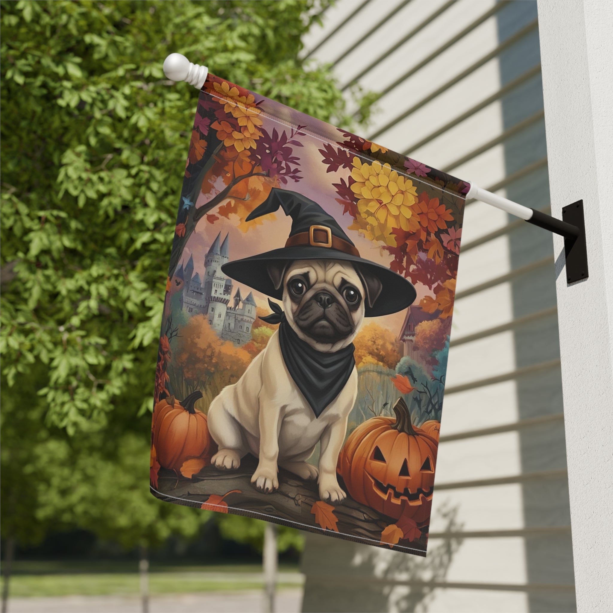 Witch Hat Pug Puppy Garden Flag - close-up detail - Dragonfire Gardens