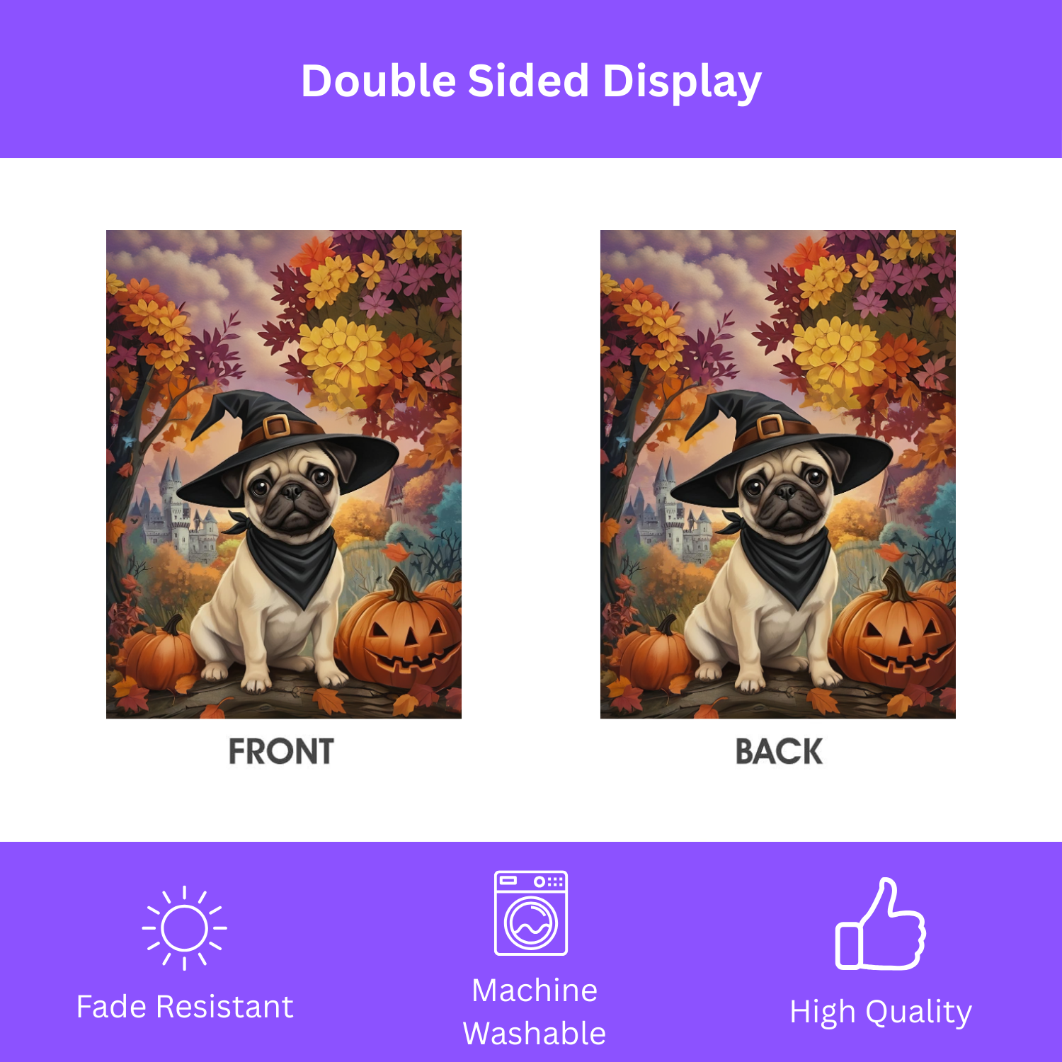 Witch Hat Pug Puppy Garden Flag - double-sided design - Dragonfire Gardens