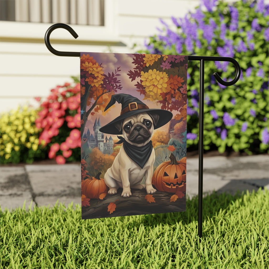 Witch Hat Pug Puppy Garden Flag - outdoor display - Dragonfire Gardens