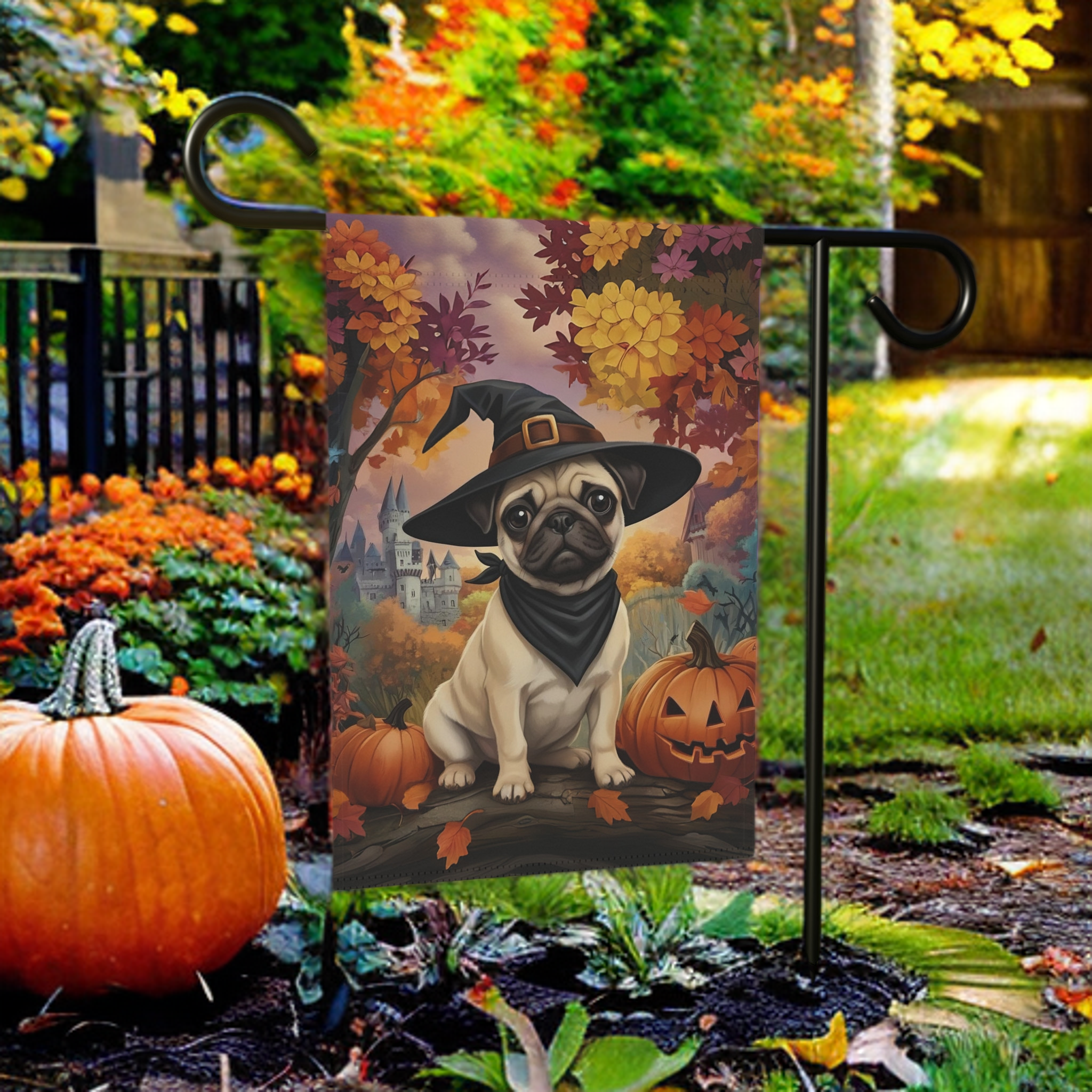 Witch Hat Pug Puppy Garden Flag - size comparison - Dragonfire Gardens