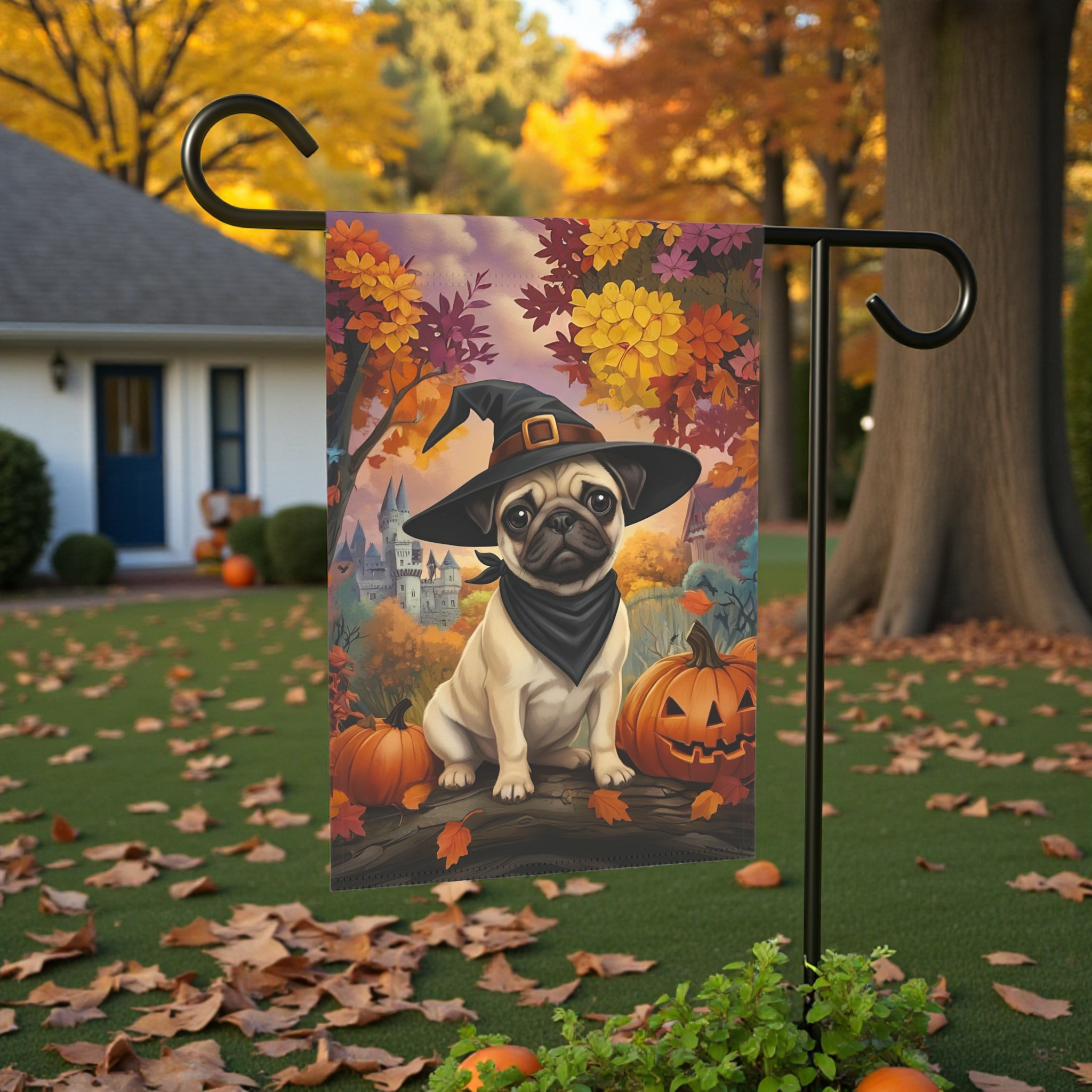 Witch Hat Pug Puppy Garden Flag - lifestyle display - Dragonfire Gardens