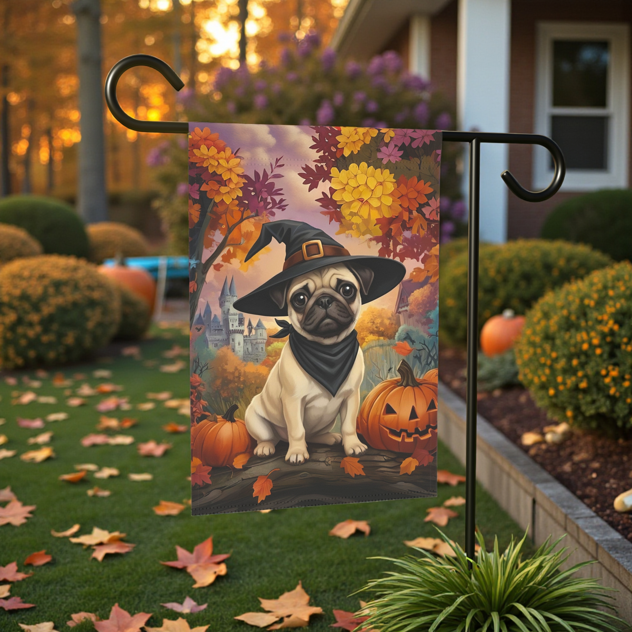 Witch Hat Pug Puppy Garden Flag - front view - Dragonfire Gardens