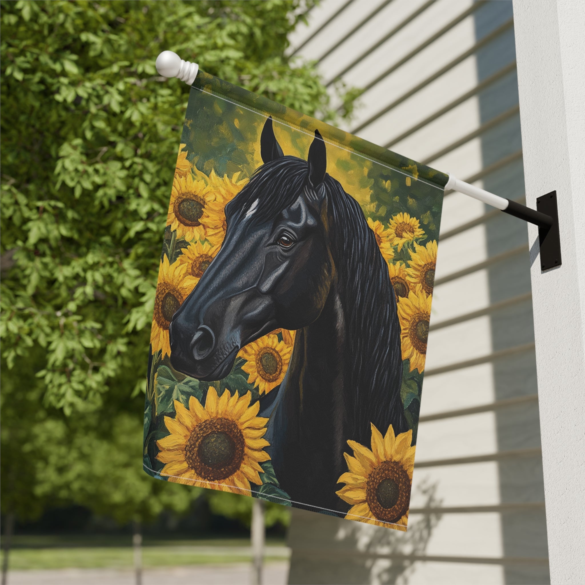 Black Stallion In Sunflowers Garden Flag - close-up detail - Dragonfire Gardens