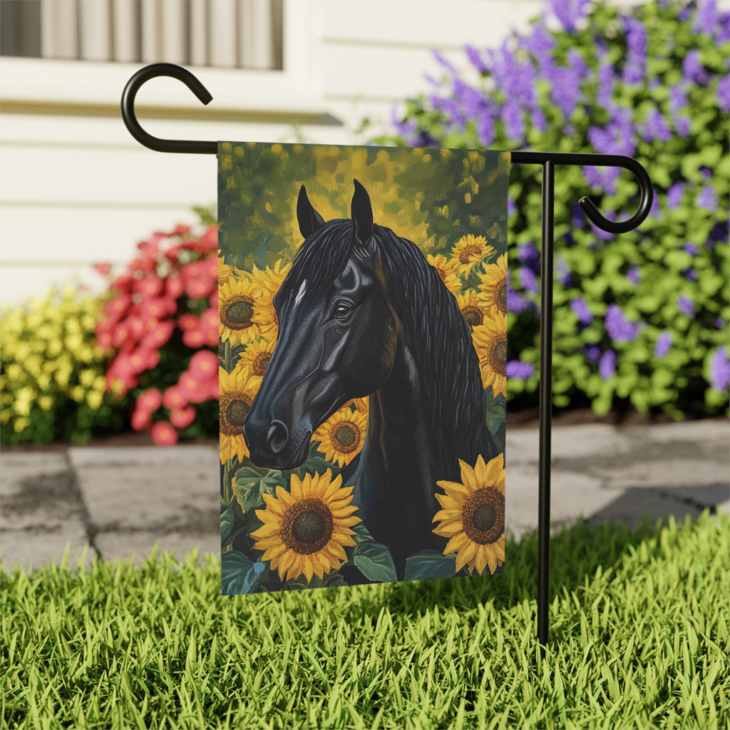 Black Stallion In Sunflowers Garden Flag