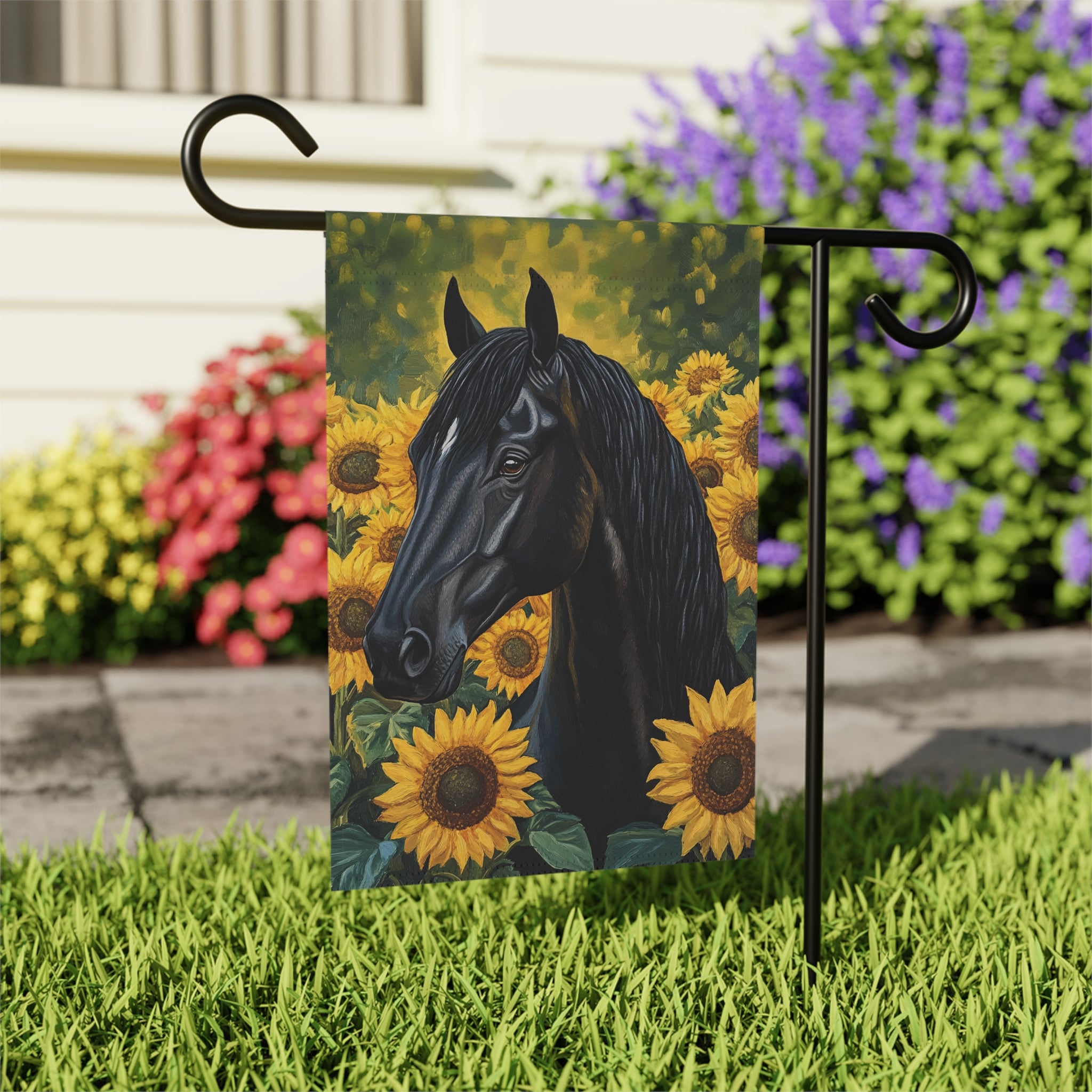 Black Stallion In Sunflowers Garden Flag