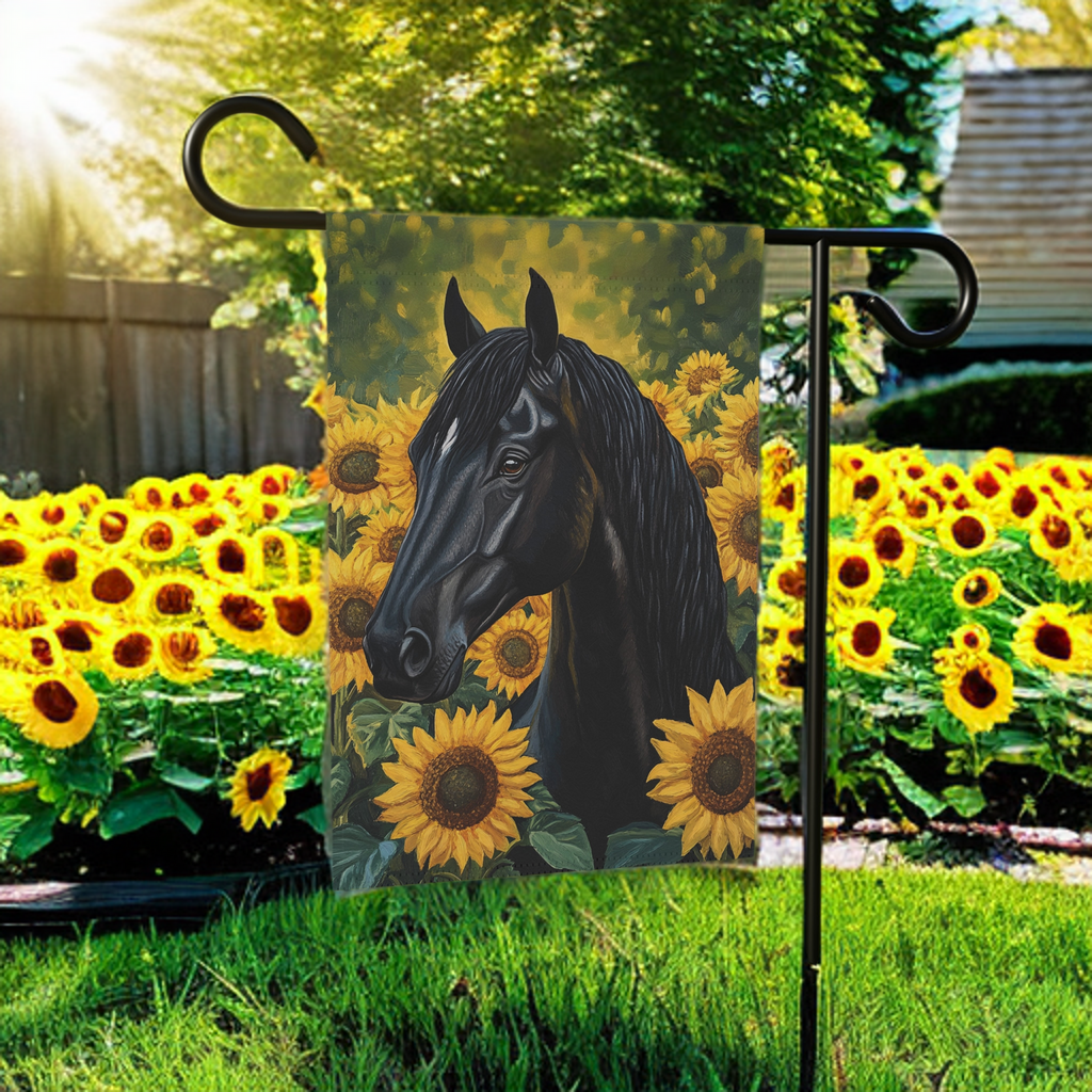 Black Stallion In Sunflowers Garden Flag