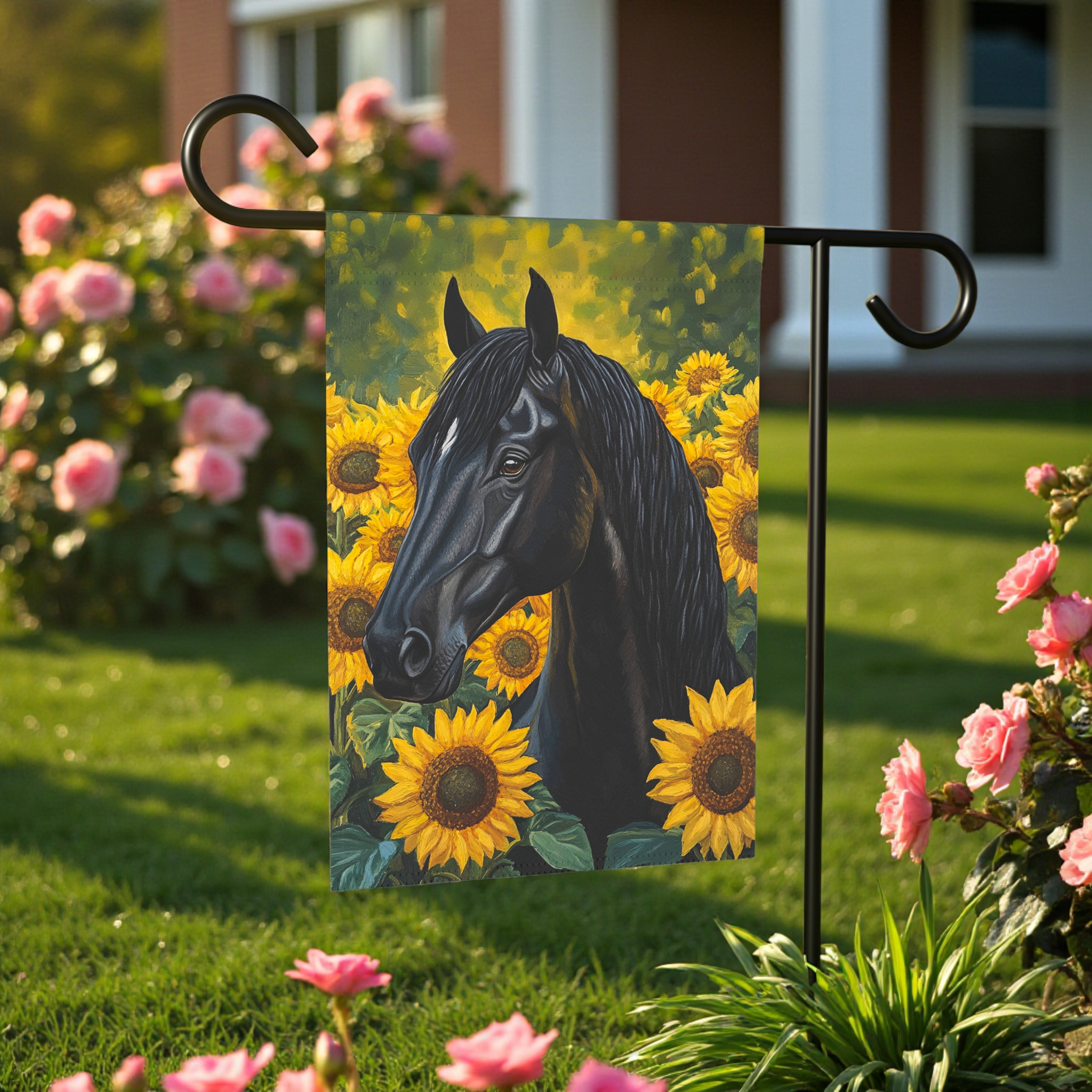 Black Stallion In Sunflowers Garden Flag
