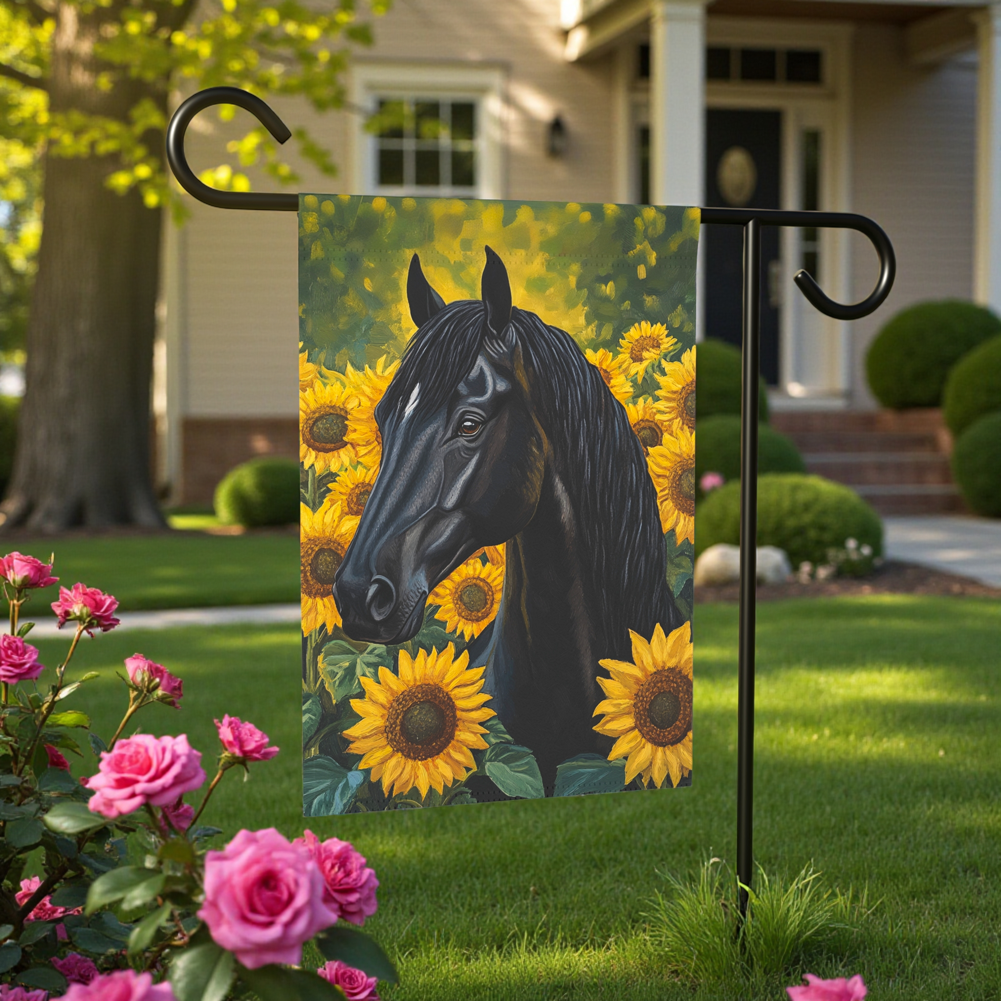 Black Stallion In Sunflowers Garden Flag