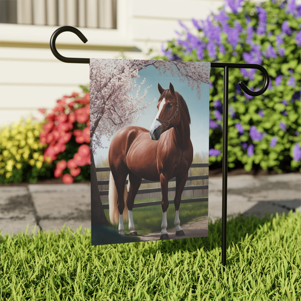 Brown Horse and Cherry Blossoms Garden Flag - outdoor display - Dragonfire Gardens