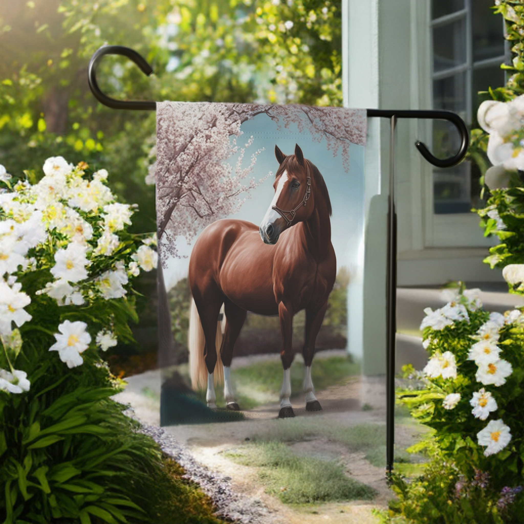 Brown Horse and Cherry Blossoms Garden Flag - size comparison - Dragonfire Gardens