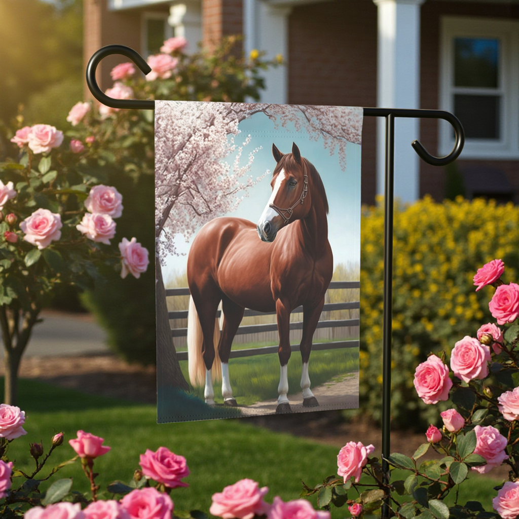 Brown Horse and Cherry Blossoms Garden Flag - front view - Dragonfire Gardens