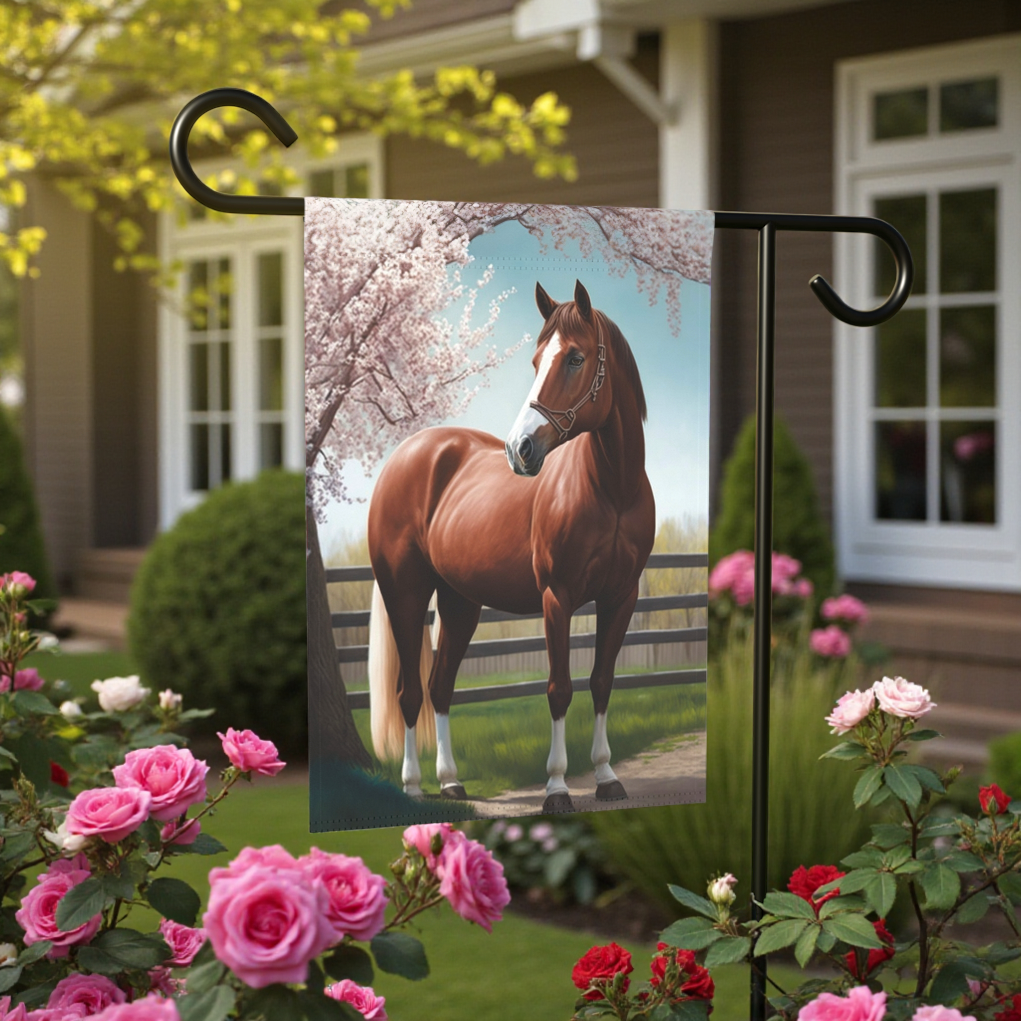 Brown Horse and Cherry Blossoms Garden Flag - lifestyle display - Dragonfire Gardens