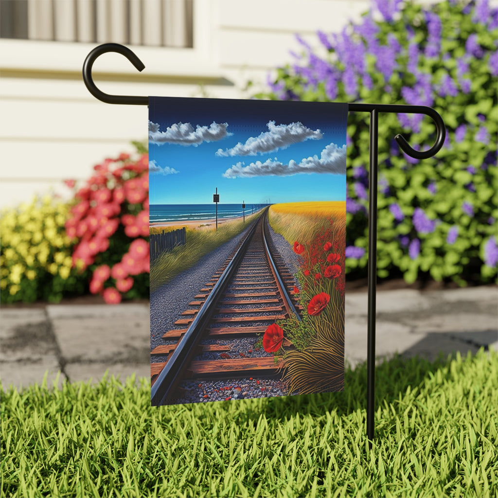Scenic Railroad Tracks Garden Flag - outdoor display - Dragonfire Gardens