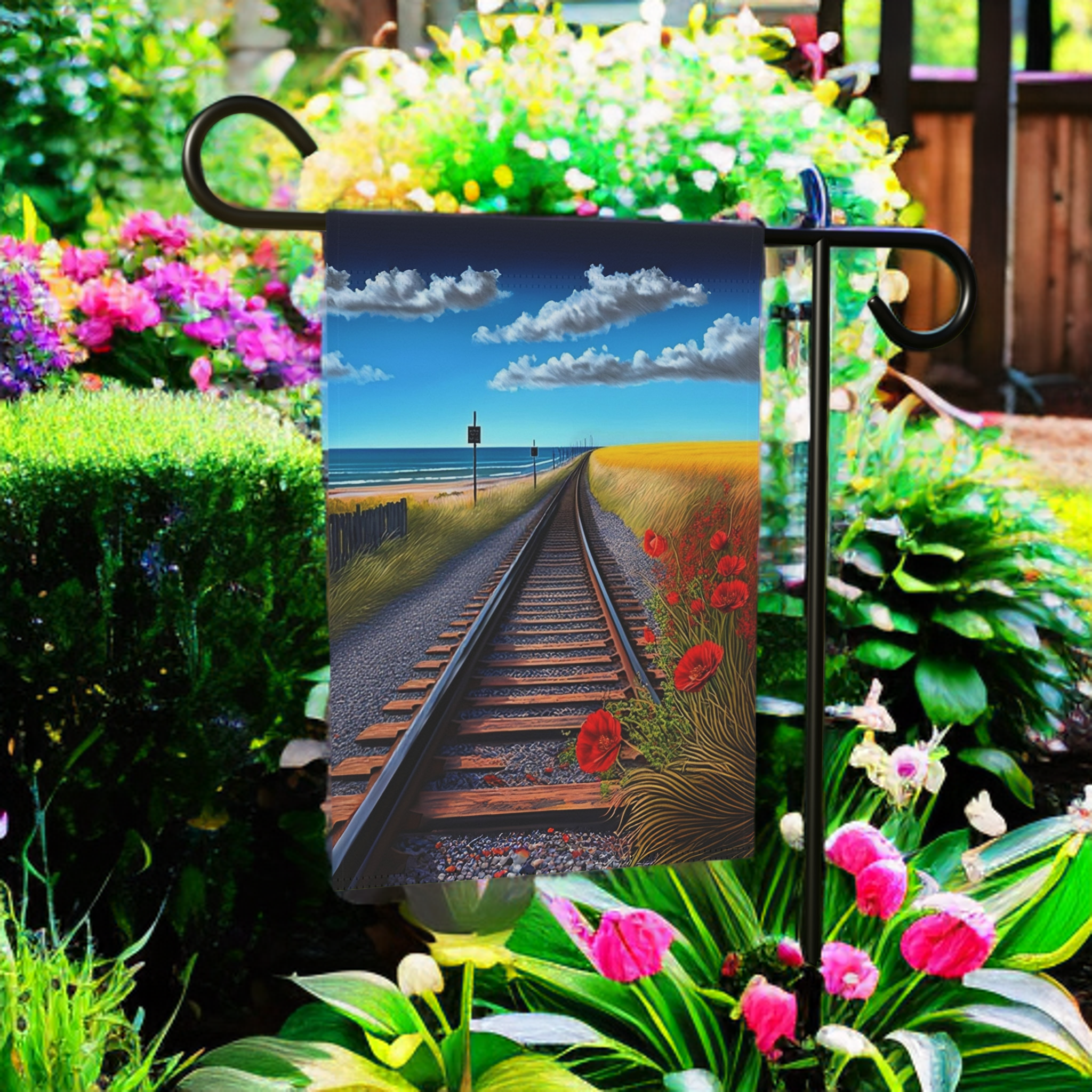 Scenic Railroad Tracks Garden Flag - size comparison - Dragonfire Gardens