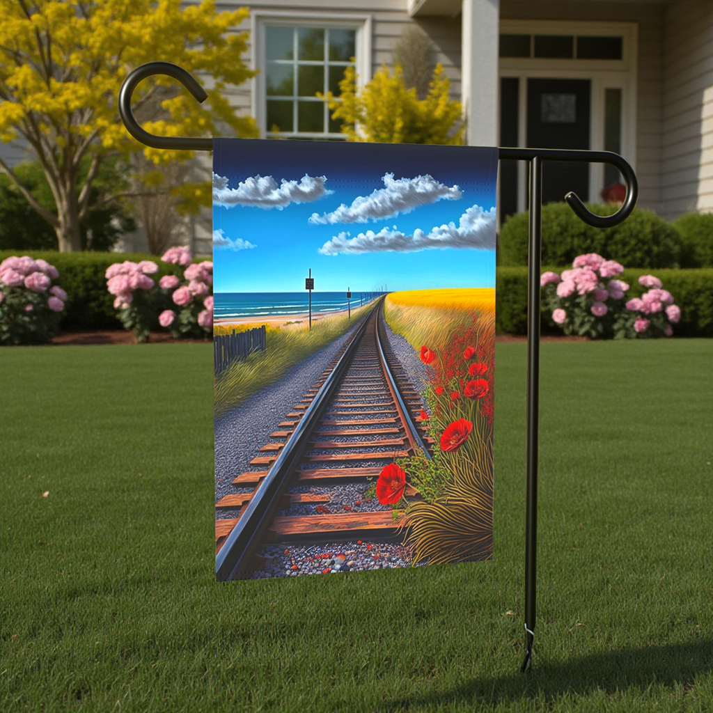 Scenic Railroad Tracks Garden Flag - lifestyle display - Dragonfire Gardens