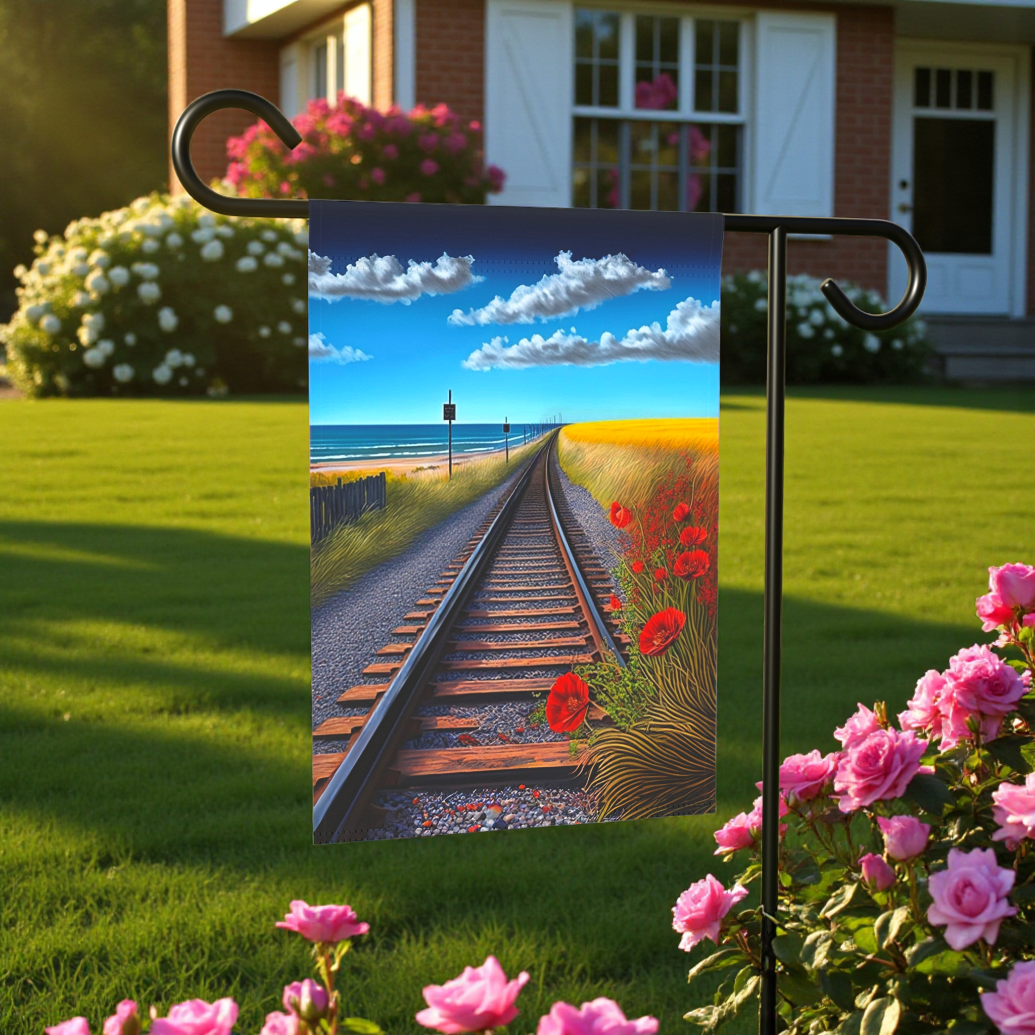 Scenic Railroad Tracks Garden Flag - front view - Dragonfire Gardens