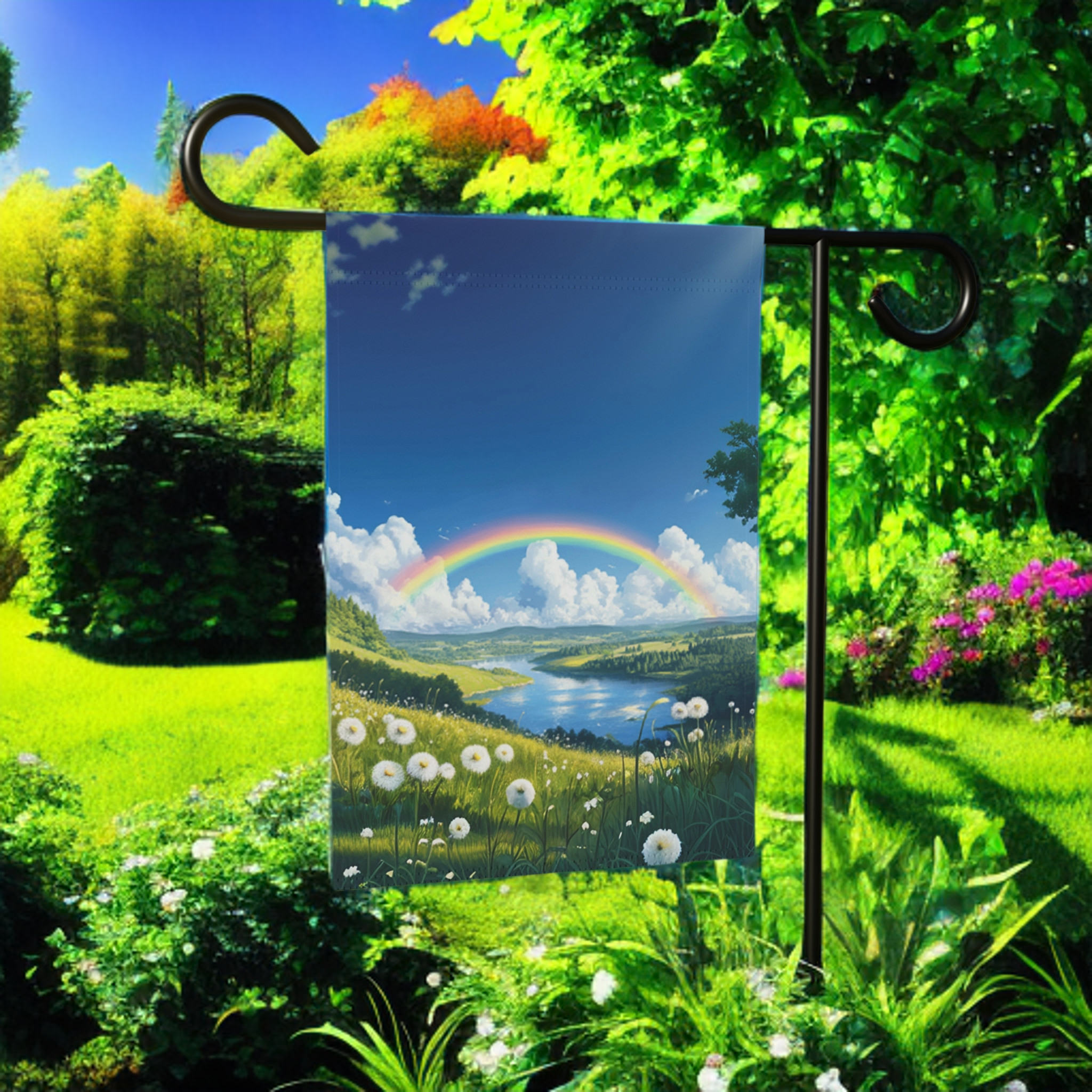 Rainbow Meadow Garden Flag - size comparison - Dragonfire Gardens