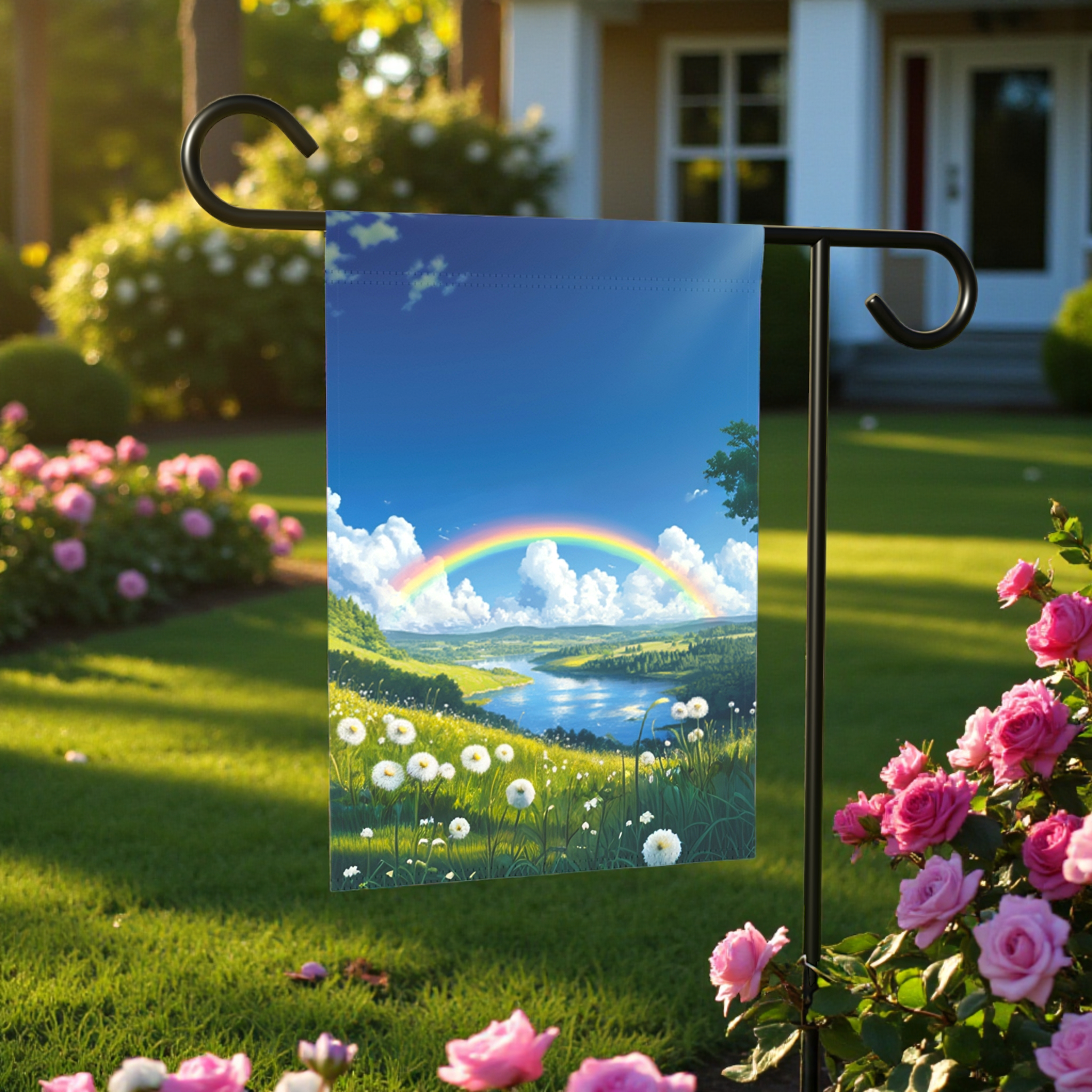 Rainbow Meadow Garden Flag - lifestyle display - Dragonfire Gardens