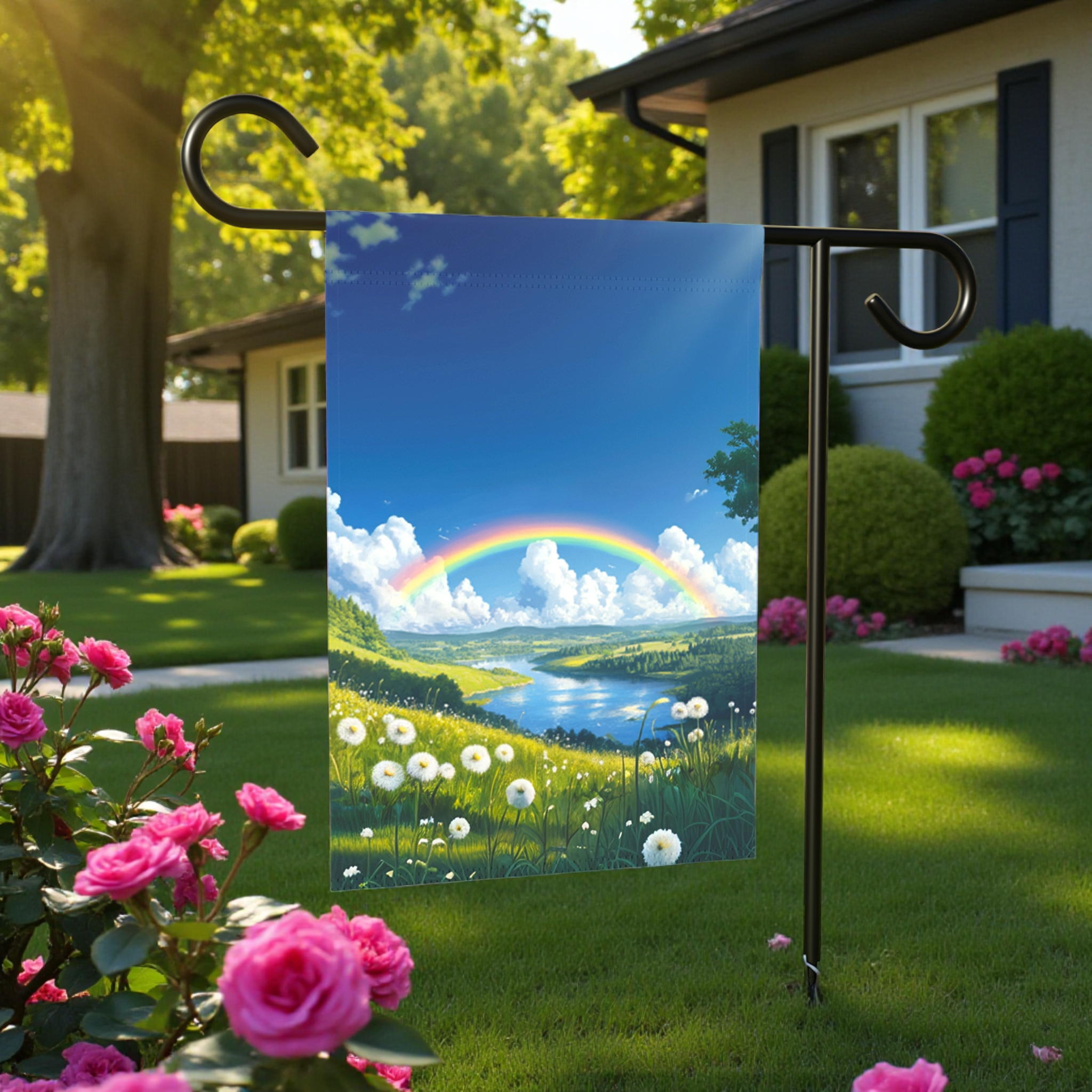 Rainbow Meadow Garden Flag - front view - Dragonfire Gardens