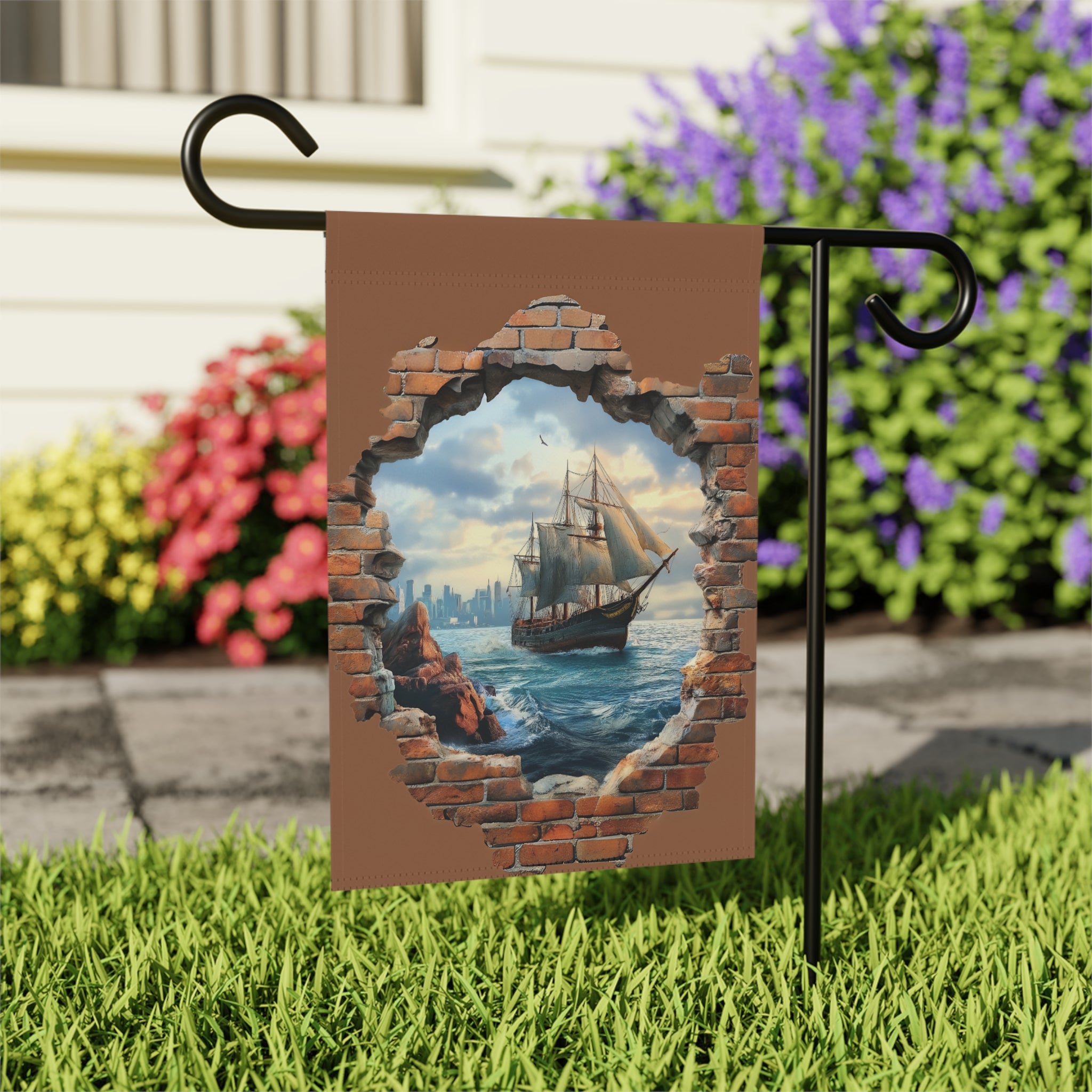 Ship in the Sea Garden Flag - outdoor display - Dragonfire Gardens