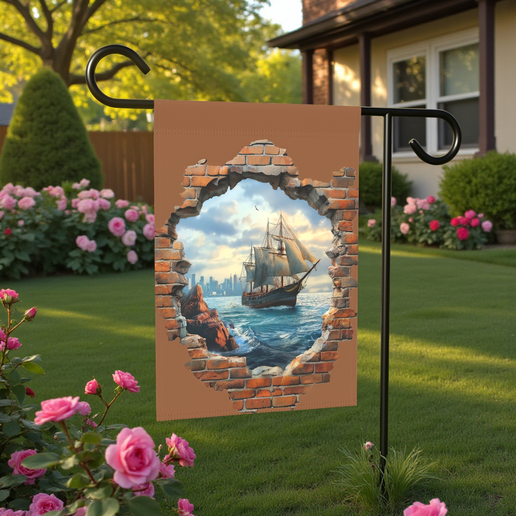 Ship in the Sea Garden Flag - double-sided design - Dragonfire Gardens
